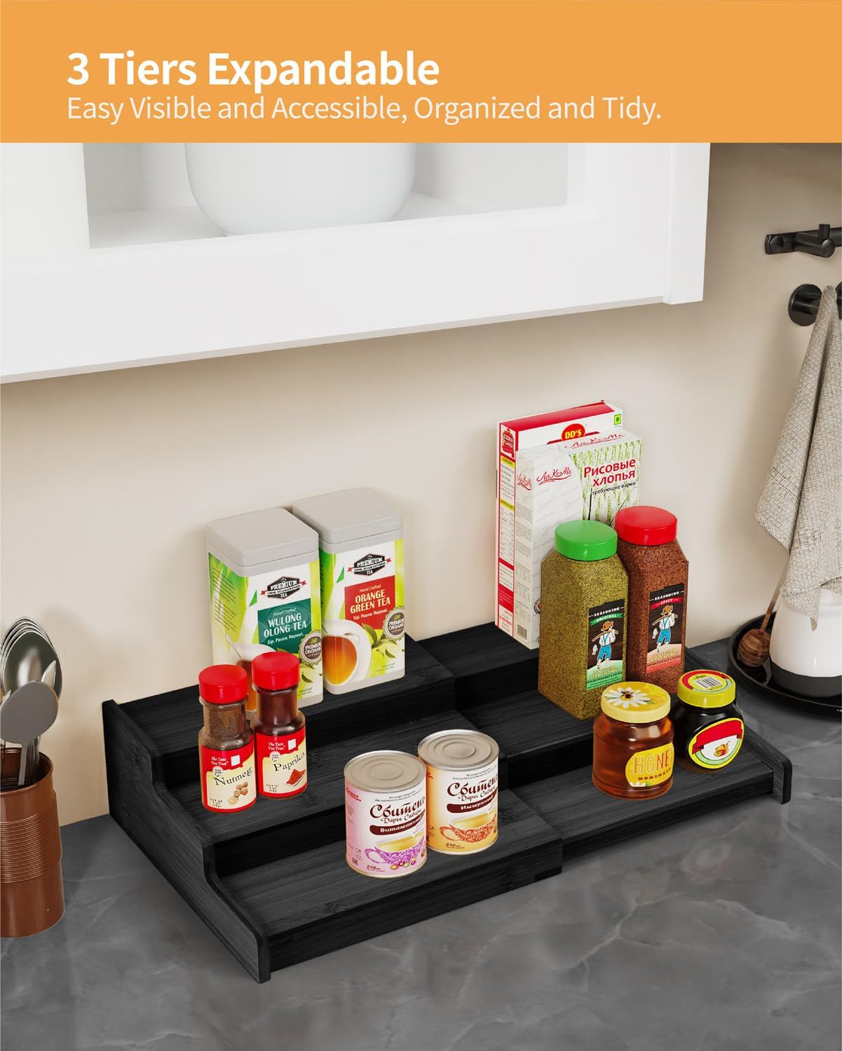 Spice Rack Organizer, 3 Tier Expandable Bamboo Spice Rack Organizer, Great for Kitchen Cabinet, Cupboard, Pantry and More-Black