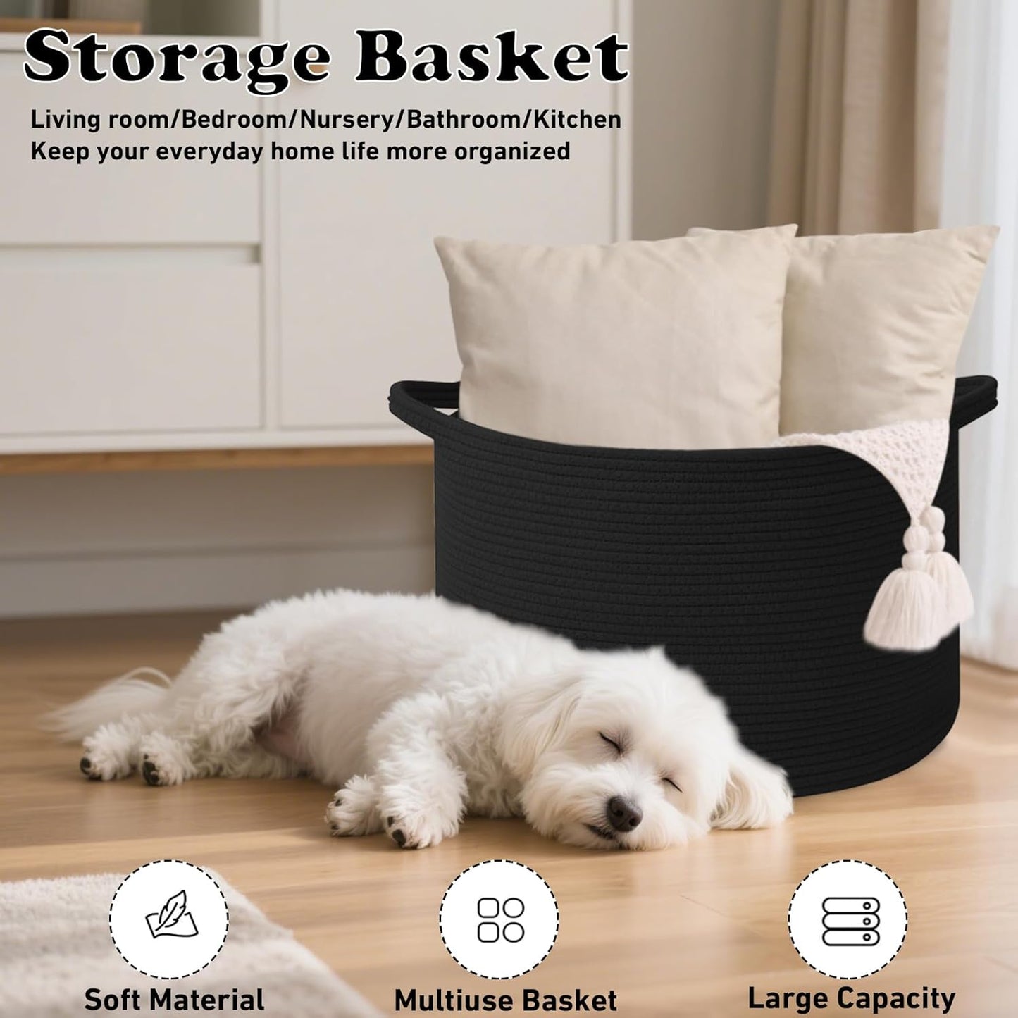 Large Blanket Basket for Organizing,115L Closet Organizers and Storage Bins Box for Shelves Woven Rope Storage Baskets,Living Room,Bedroom,Dorm,Laundry room (Black)