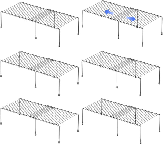 Redrubbit Cabinet Storage Shelf Rack, Expandable Metal Rustproof Kitchen Counter and Cabinet Shelf, Storage Rack Organizer Space Saver for Kitchen, Fridge, Cabinet, Bathroom, Chrome, Set of 6