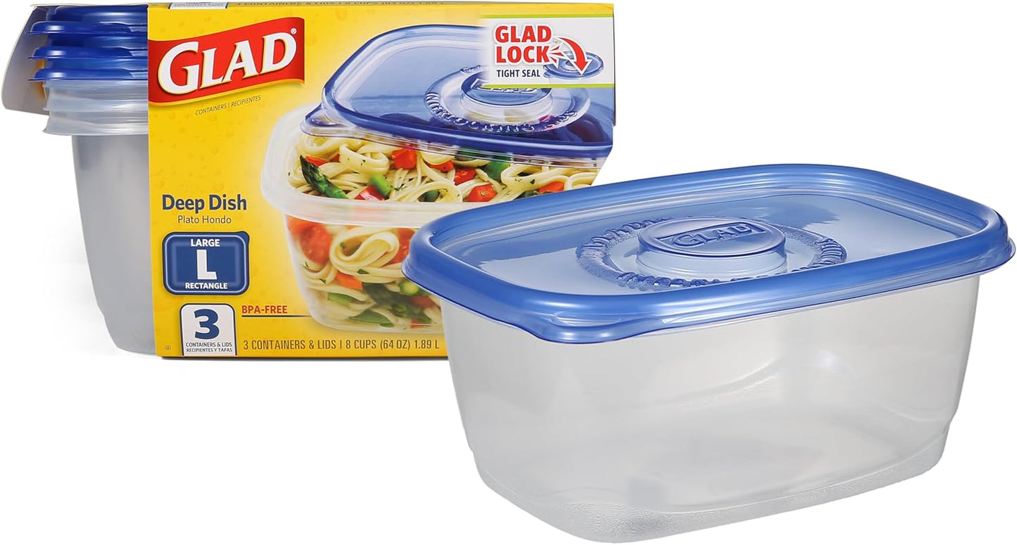 Glad Food Storage Containers, Deep Dish, 64 Ounce, 3 Count