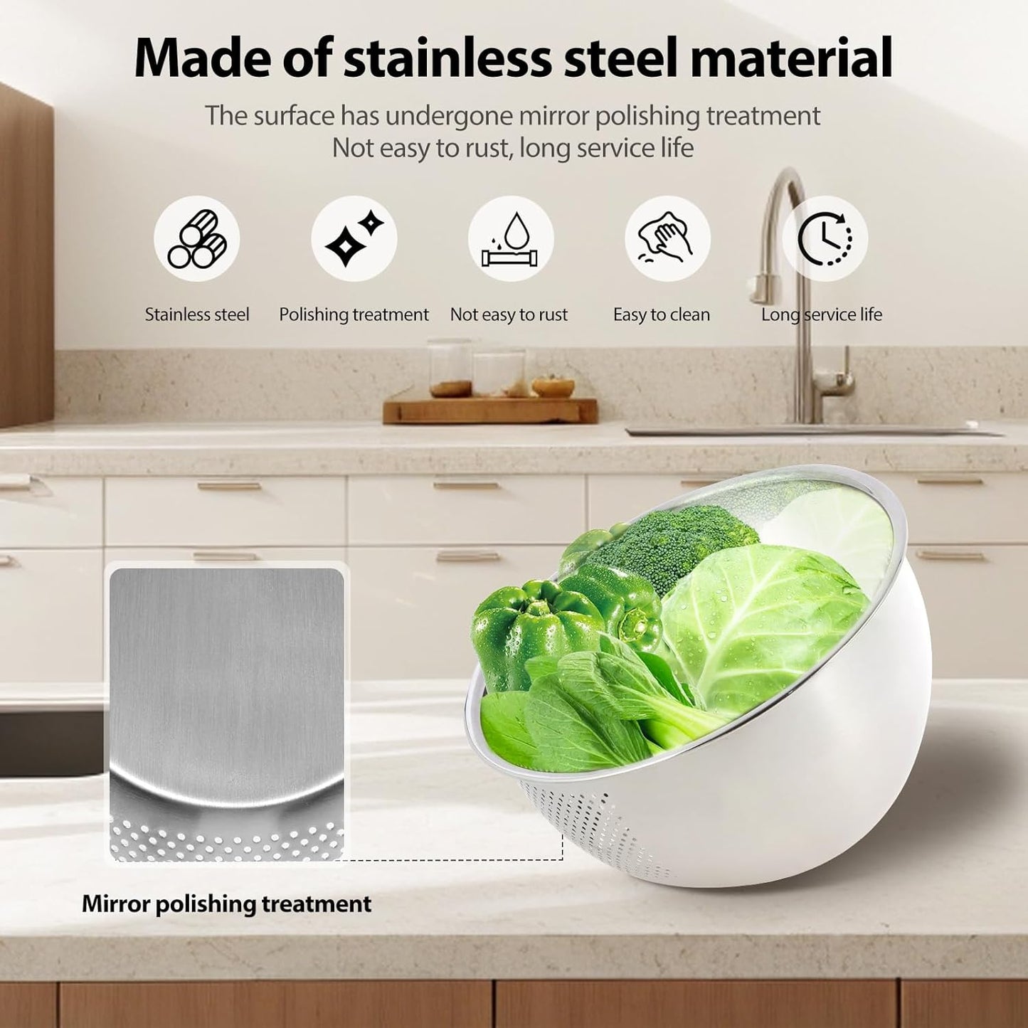 2PCS Rice Washer Strainer Bowl with Side Drainers Stainless Steel Rice Washing Bowl Multifunctional Colander for Cleaning Rinsing Fruits Vegetables Beans Silver