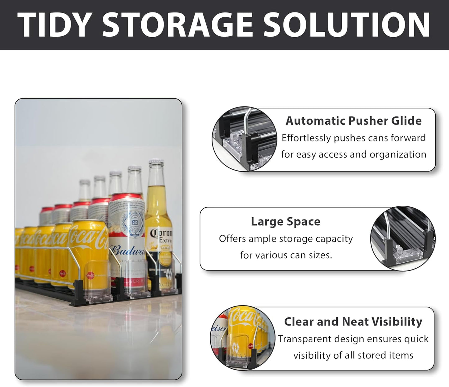 Upgraded Drink Organizer for Fridge – Adjustable Width Soda Can Organizer with Automatic Glide, Space-Saving Refrigerator Can Dispenser Holds Up to 25 Cans – Drink Holder for Fridge (3 Rows, Black)