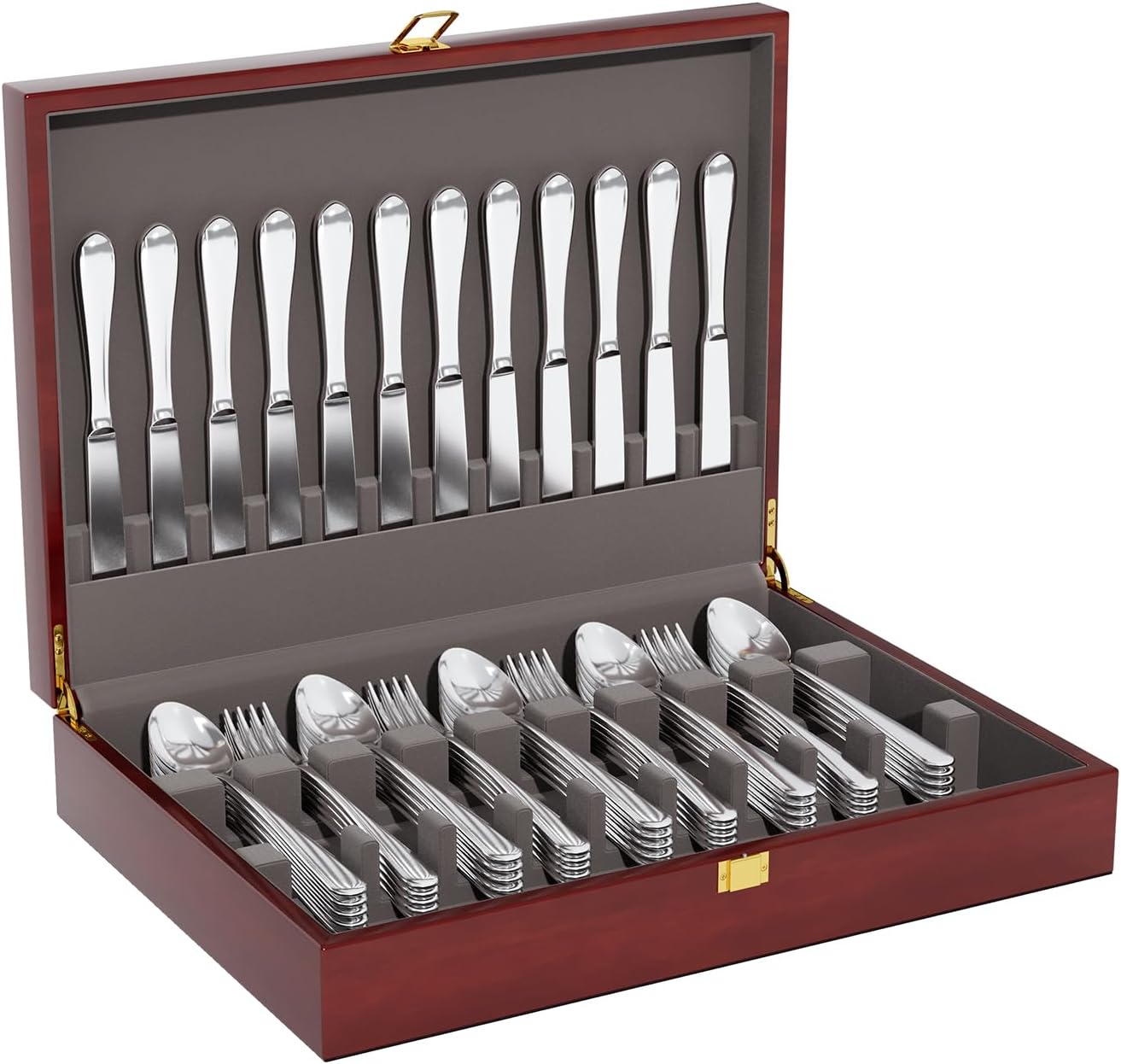 Mahogany Wood Silverware Storage Box,Silverware Case Flatware Chest with Felt Lined,Flatware Storage Box for 12 sets of Utensils,Silverware Chest without Silverware,Silverware Organizer with Lid