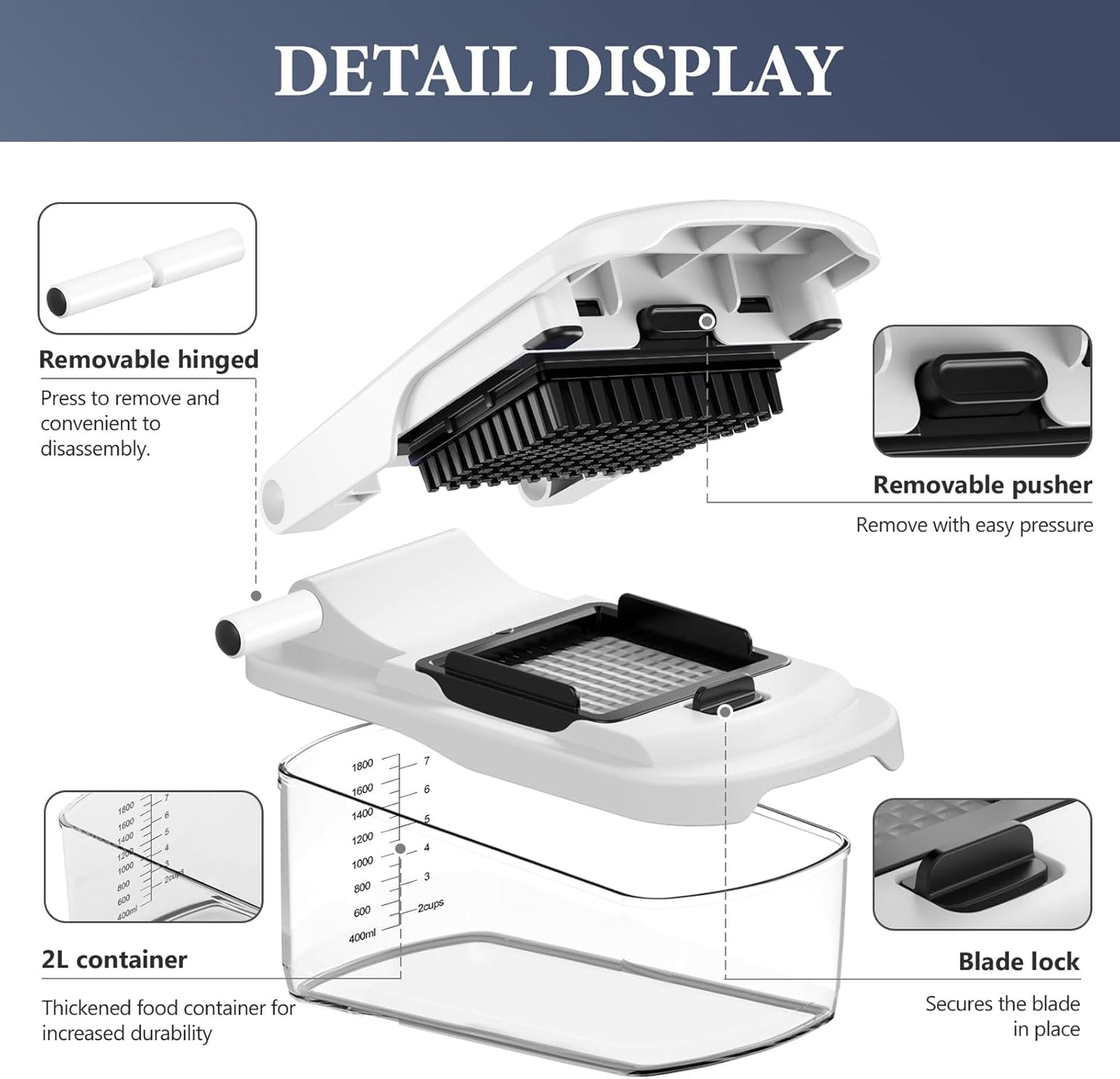 Ourokhome Food Chopper with Container, Manual Mandolin Vegetable Slicer Onion Dicer with 8 Blades, Hand Veggie Shredder for Potato, Tomato, Essential Kitchen Gadgets (8 in 1, White)