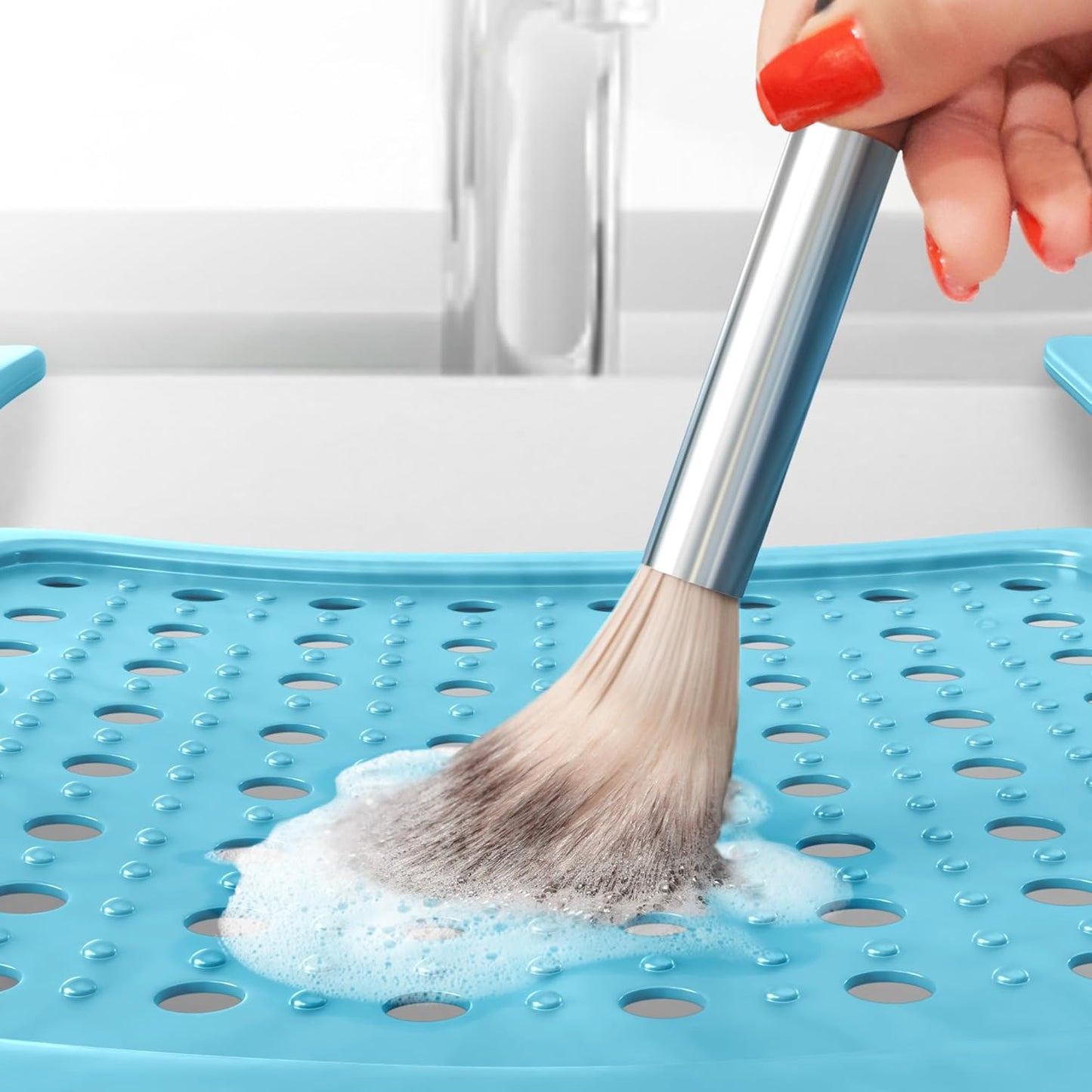 Sink Topper Bathroom Counter Cover & Storage Saver, Foldable Silicone Mat for Hot Tools, Hair Styling & Makeup, Beauty Brush Cleaning Mat, RV Camper Sink Cover & for Small Spaces (Large Pacific Blue)