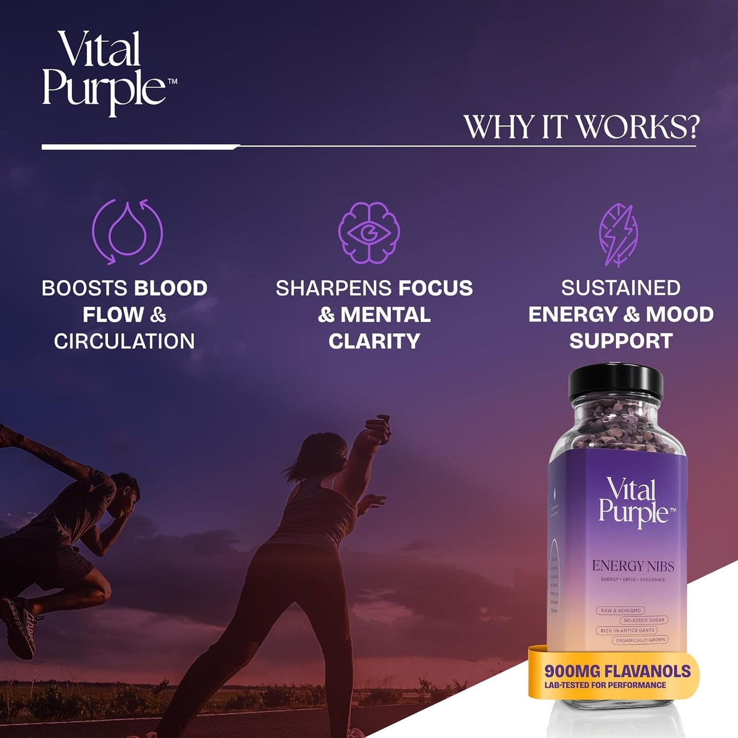 Vital Purple High Flavonal 100% Raw Cocoa Energy Nibs – 900mg Flavanols, Purple Cacao, Unroasted & Unfermented - Clean Fuel for Performance & Recovery (10 oz)