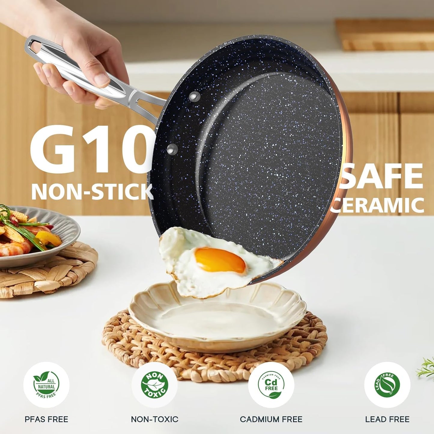 Nuwave 3-Piece 8”, 10”, 12” Forged Lightweight Frying Pan Set, G10 Healthy Duralon Blue Ceramic Ultra Non-Stick, Ergonomic Stay-Cool Handles, Induction-Ready & Works on All Cooktops