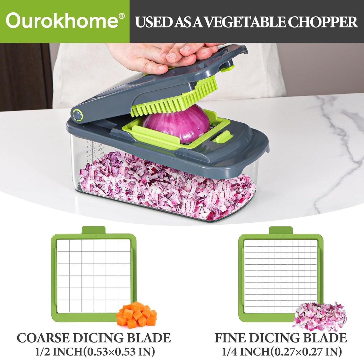 Ourokhome Food Chopper Manual Hand with Container, Mandolin Vegetable Slicer Onion Dicer with 8 Blades, Veggie Shredder for Potato, Tomato, Essential Kitchen Gadgets (8 in 1, Gray)