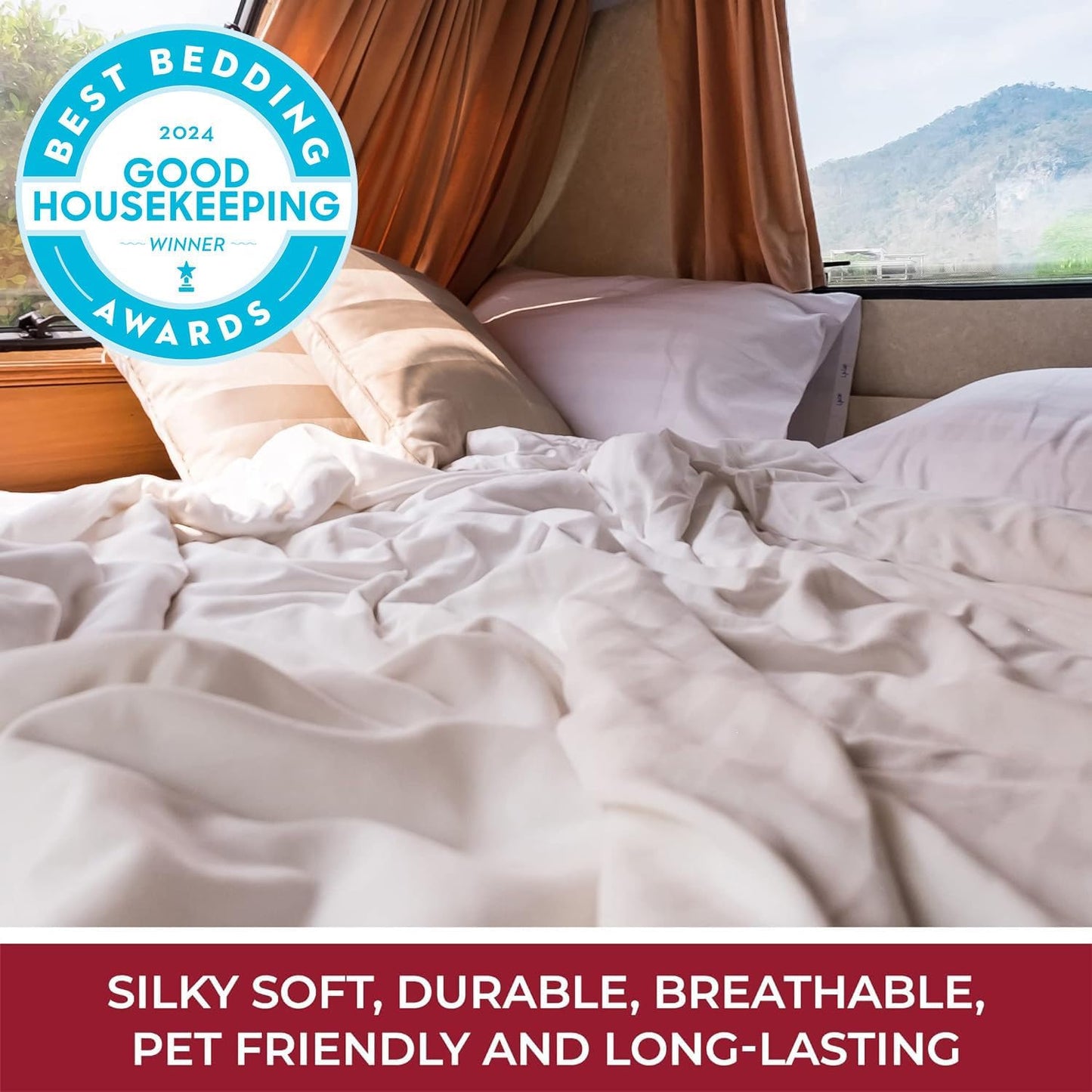 Mellanni RV Short Queen Sheets - 4 PC Iconic Collection Bedding - Hotel Luxury, Extra Soft, Cooling Bed Sheets - Deep Pocket up to 10 inch (RV/Short Queen, Blue Nova)