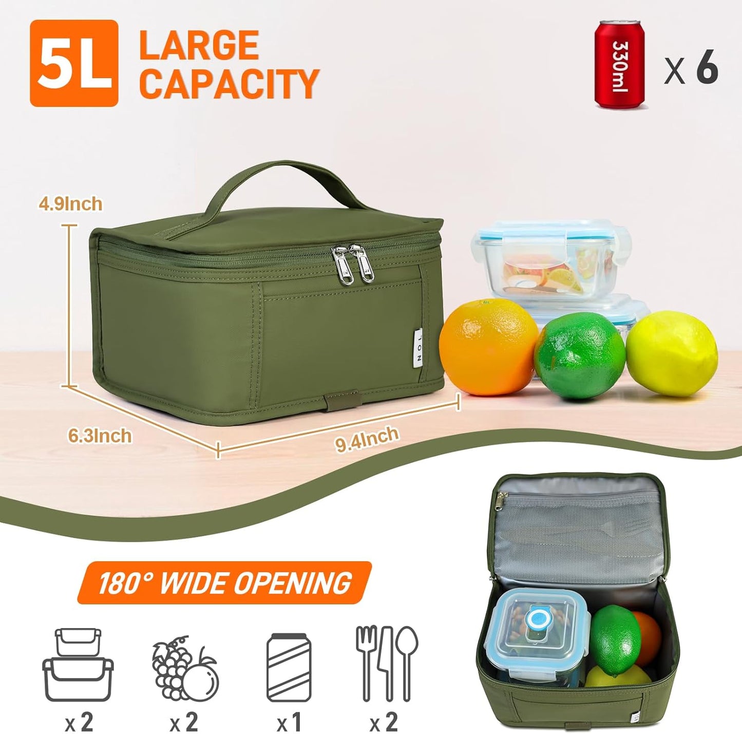 NOL Natural Organic Lifestyle Small Lunch Bag Mini Lunch Box Insulated Lunch Bag for Men/Women Leakproof Cooler Tote Bag Lightweight Nylon Waterproof Lunch Box For Work, Amy green