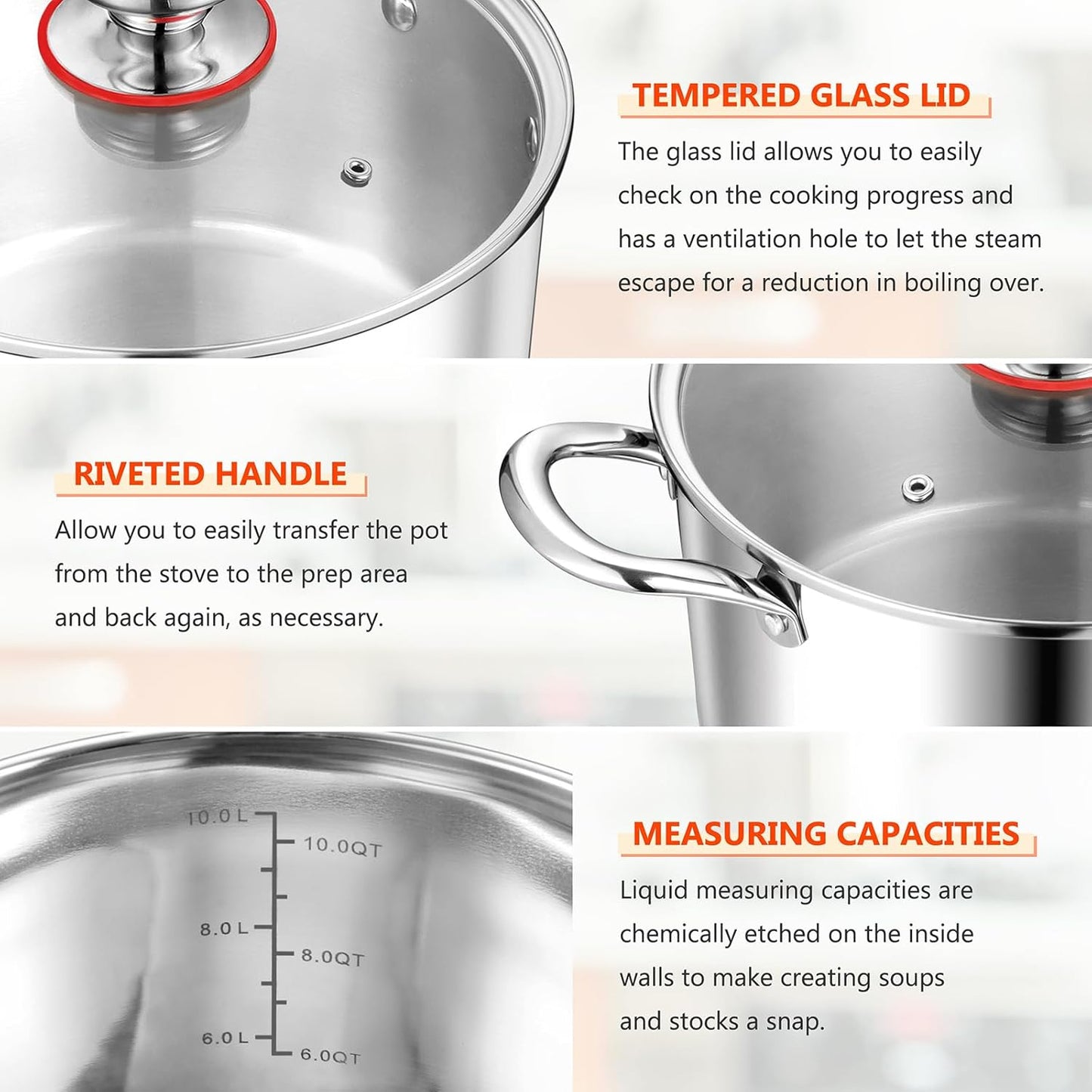E-far 12-Quart Stock Pot, 18/10 Stainless Steel Stockpot with Lid for Cooking Simmering Soup Stew, Heavy Duty Cookware Works w/Induction, Non-toxic & Corrosion Resistant, Dishwasher Safe