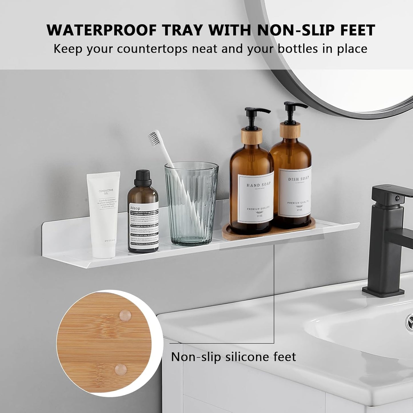 Amber Glass Soap Dispenser - Dish Hand Soap Dispenser for Kitchen Set, Soap Lotion Dispenser Bathroom with Sturdy Pump and Tray, 14 Waterproof Labels,Refillable Dispenser-Amber