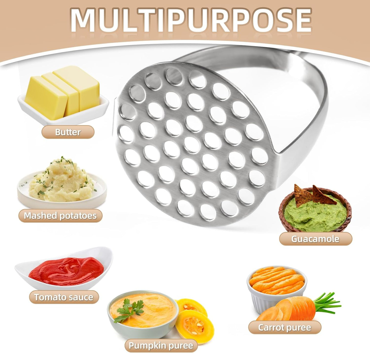 Potato Masher Stainless Steel,Wooden handle Potatoes Smasher, Manual Mashed Potato Masher Kitchen Tool for Avocado,Potatoes, Vegetables, 13.5Inch Long handle Large Heavy Duty Metal Mashing Utensil