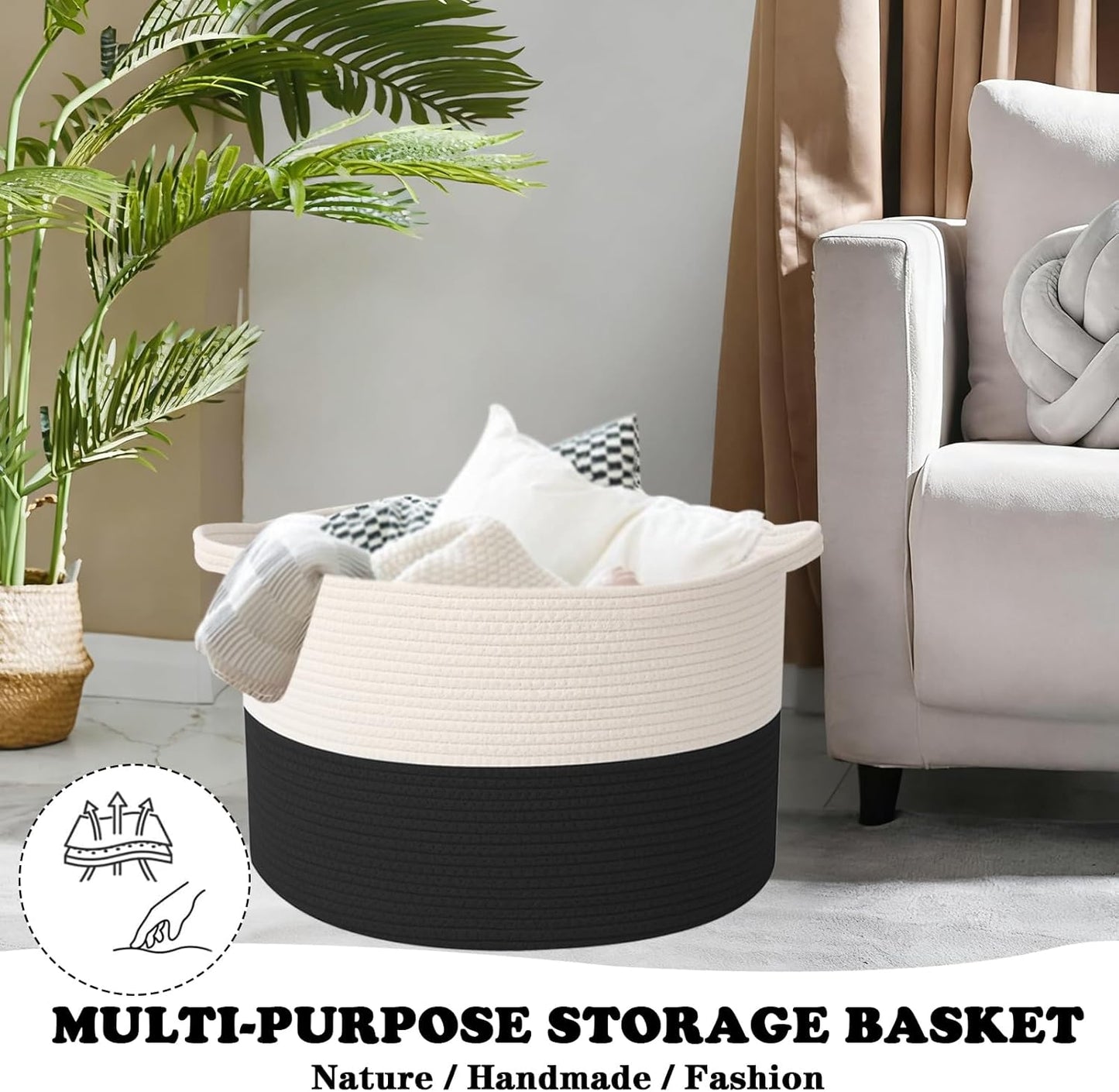 Large Blanket Basket for Organizing,65L Closet Organizers and Storage Bins Box for Shelves Woven Rope Storage Baskets,Living Room,Bedroom,Dorm,Laundry room (White&Black)
