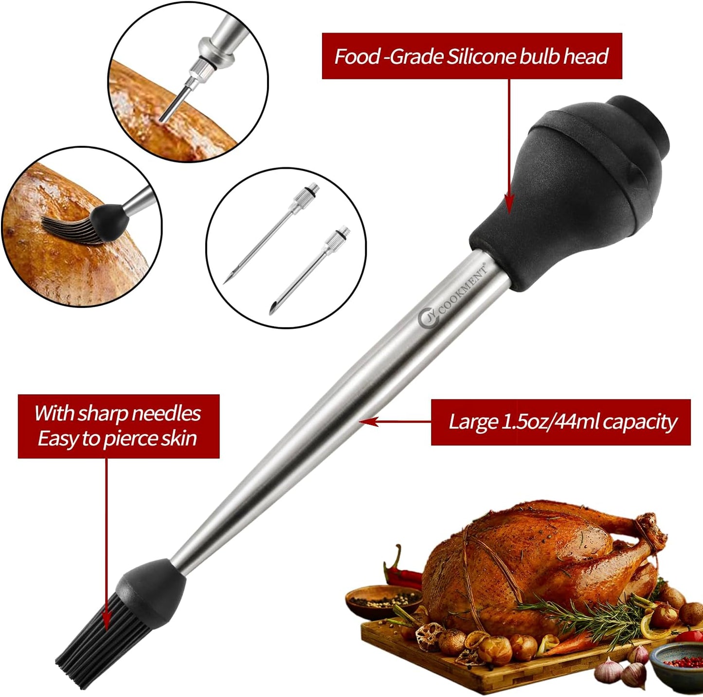 JY COOKMENT Stainless Steel Turkey Baster Baster Syringe for Cooking Meat Injector Set with 2 Marinade Needles 1 Basting Brush1 Cleaning Brush for Home Baking Kitchen Tool,2023 UPDATE