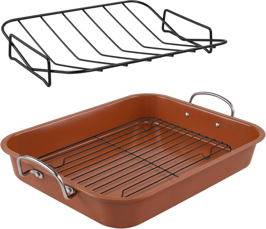 KitCom Nonstick Roasting Pan, Roaster with Cooling Rack and V-Rack - 16 Inch Rectangular Turkey Roaster Lasagna Pan for Easter, Thanksgiving & Christmas, Dishwasher Safe, Bronze