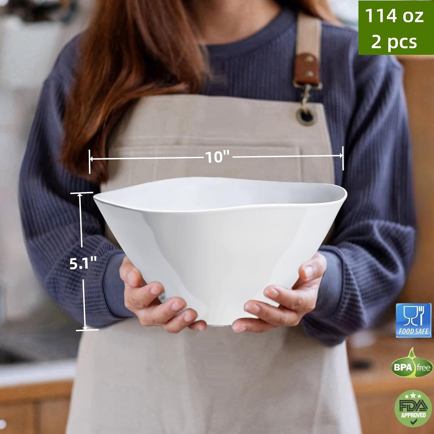 Qxbekmor 10" Salad Bowls, 114 oz. Unbreakable Plastic Serving Bowls for Salads, Fruits, Entertaining, Dinner Parties, Microwave & Dishwasher Safe, BPA-free, Set of 2