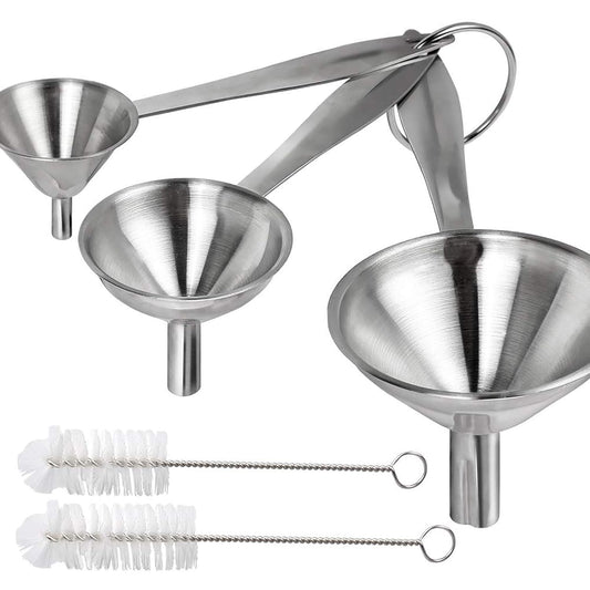 YGDZ Kitchen Funnel for Filling Bottles, 3pcs Metal Stainless Steel Small Mini Funnels for Essential Oils Liquid, Long Handle Funnel Set, 2pcs Cleaning Brushes