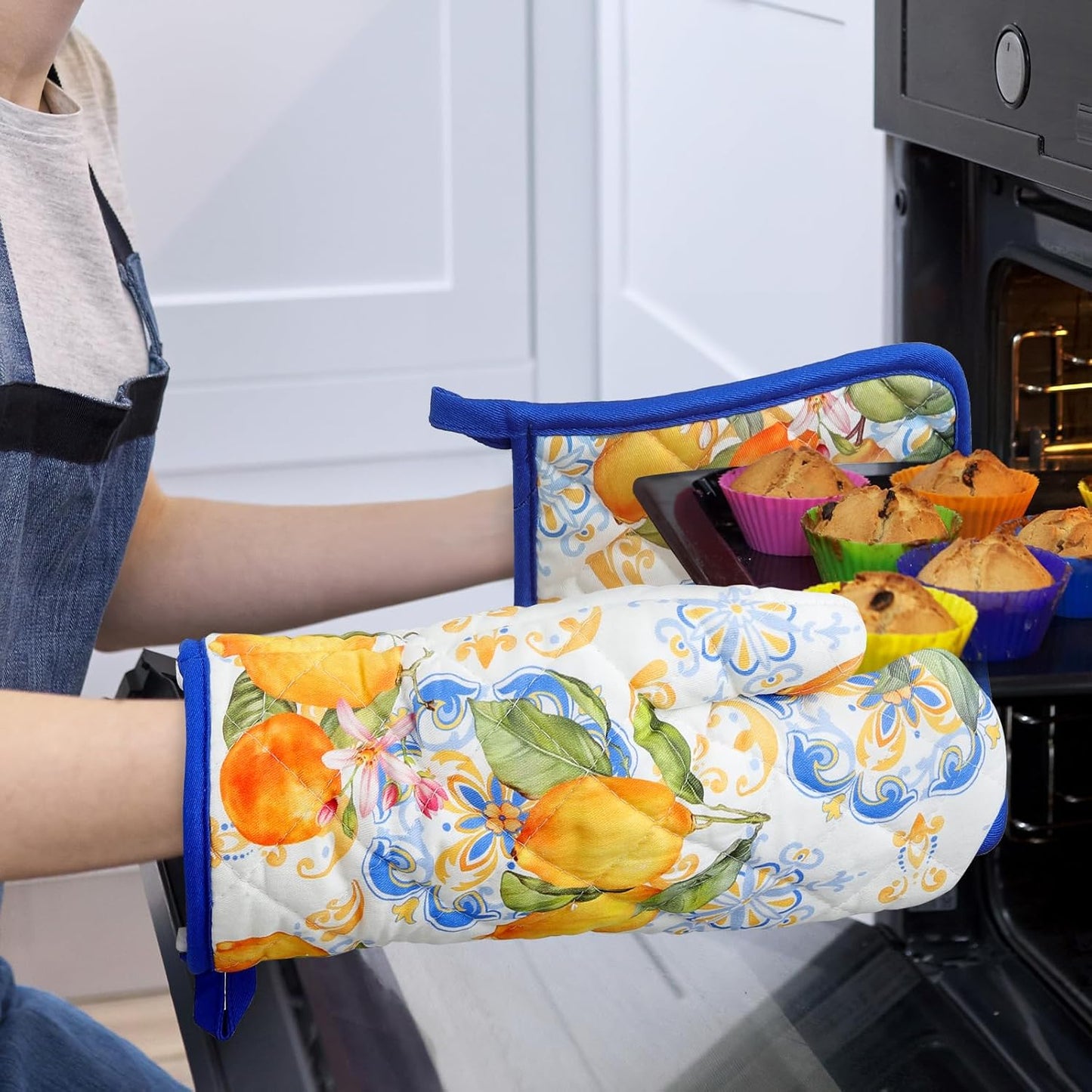 Summer Lemon Oven Mitts and Pot Holders Sets 2Pcs, 100% Cotton Heat Resistant, Extra Long Oven Gloves Potholder for Kitchen Cooking Baking Decoration