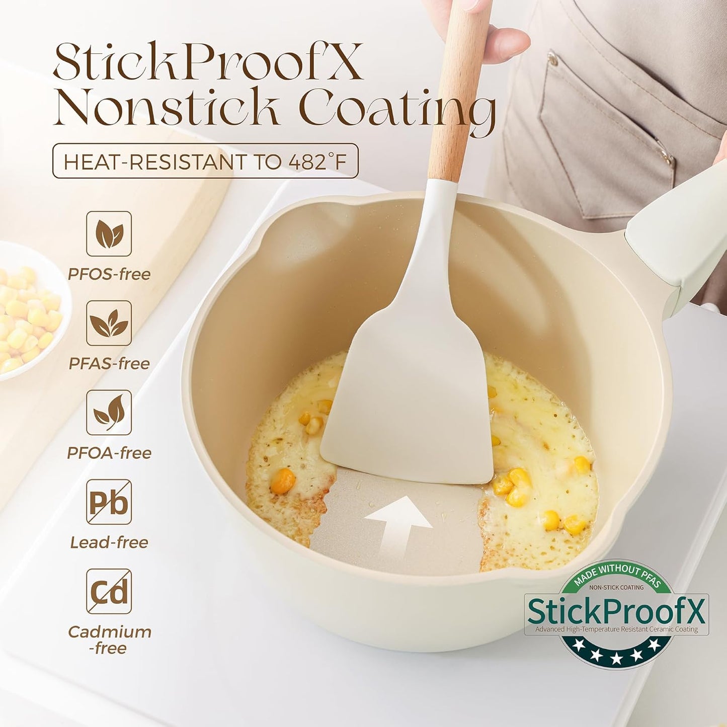 PRICUSIS Ceramic Nonstick Saucepan with Lid, 2.7 Quart Non Toxic Pot with Pour Spouts, Full Coated, 100% Dishwasher Safe, Induction Compatible & Oven Safe, PTFE PFAS & PFOA Free, Coconut White