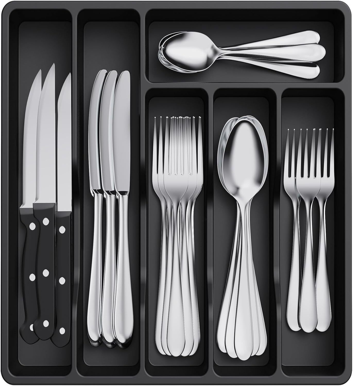 Lifewit Silverware Drawer Organizer Tray, Plastic Cutlery Storage for Kitchen Drawer, Flatware and Utensil Holder Divider for Spoons Forks Knives Tableware, 6 Compartment, Black