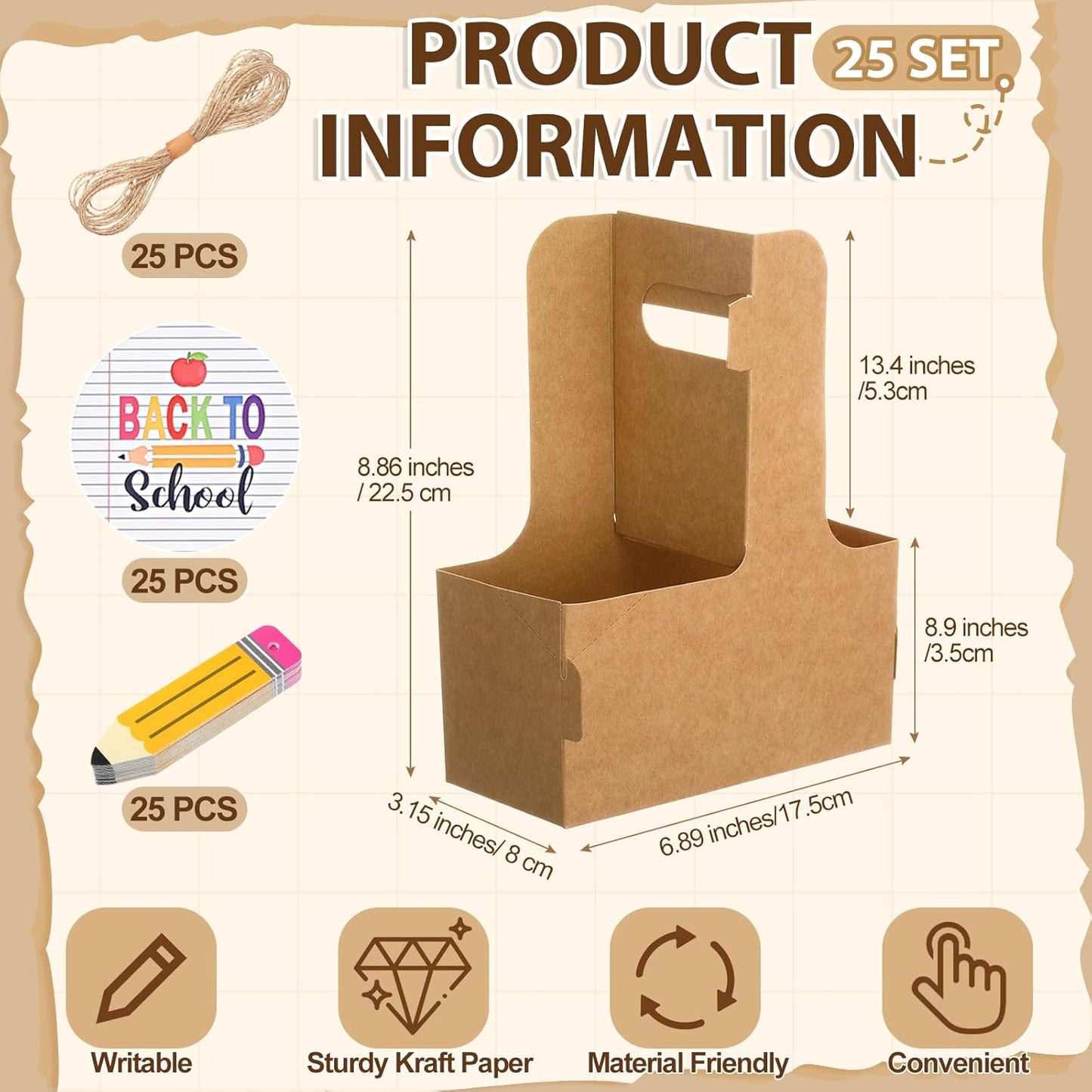 TaoBary 25 Set 2 Cup Drink Carrier with Handle Portable Foldable Tray Drink Holder Disposable Cardboard Coffee Cup Holder for Hot/Cold Drinks with Pencil Gift Tag, Back to School Stick Teacher Gift