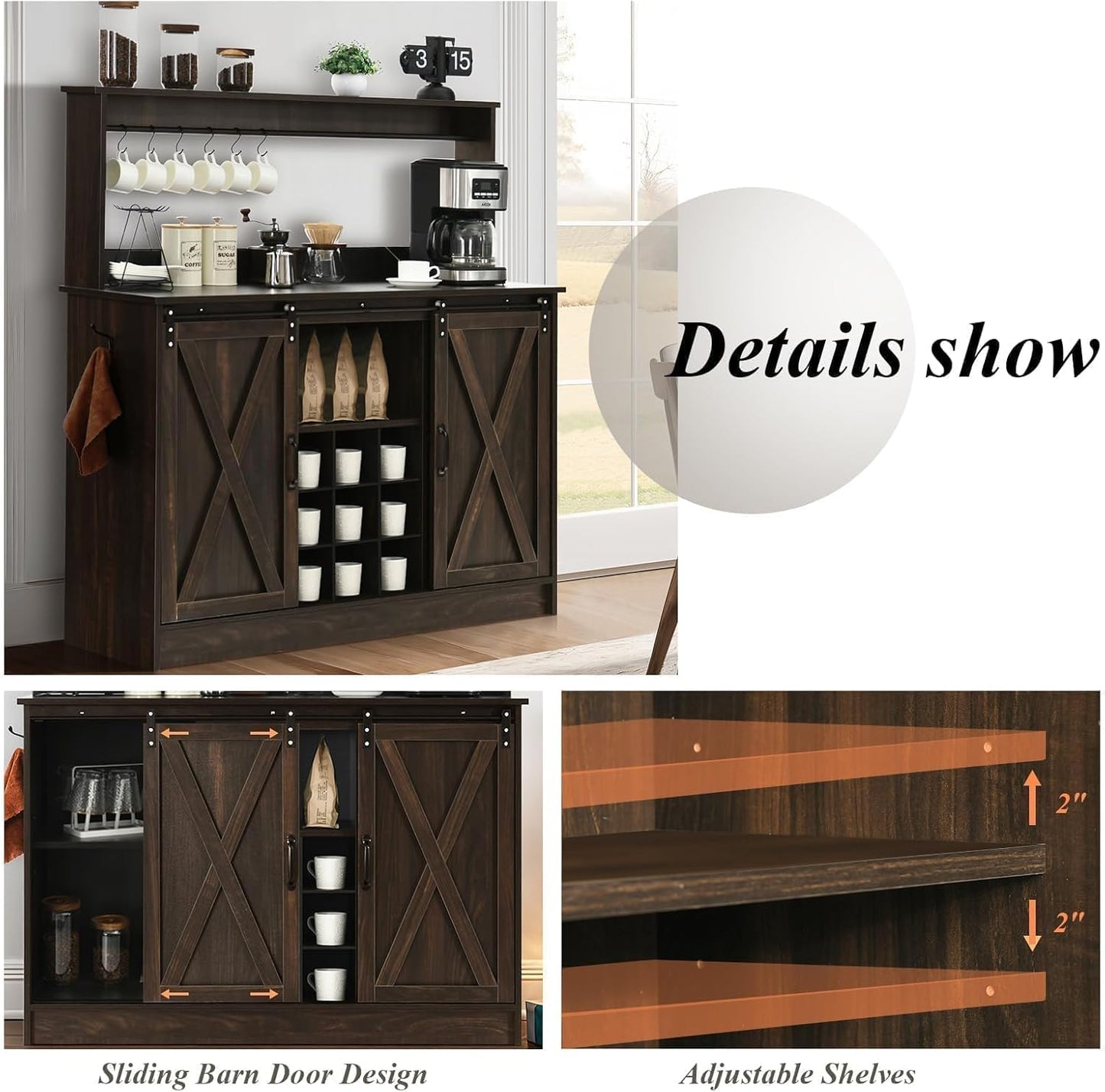 4ever2buy Farmhouse Coffee Bar Cabinet with Hutch and 6 Hooks, 47 Inch Wine Cabinet with Storage, Kitchen Buffet Cabinet with Adjustable Shelves &9 Wine Racks for Living Dining Room, Dark Oak