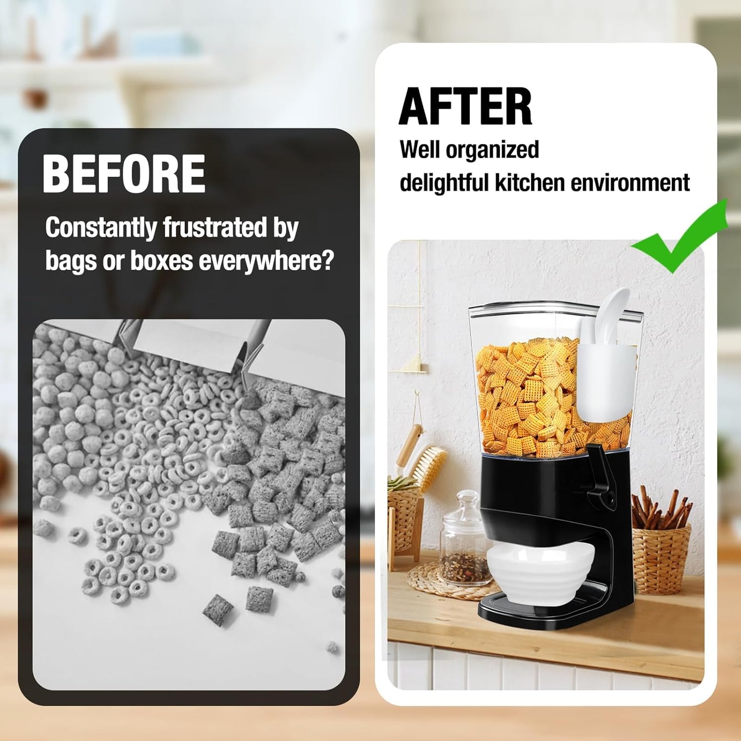 Cereal Dispenser Countertop Wath Bowls and Spoons Cereal Containers Storage for Pantry Snack Organizer Dry Food Storage Container with Lid for Kitchen Organization Oatmeal Nut Granol（Black 1 pack ）