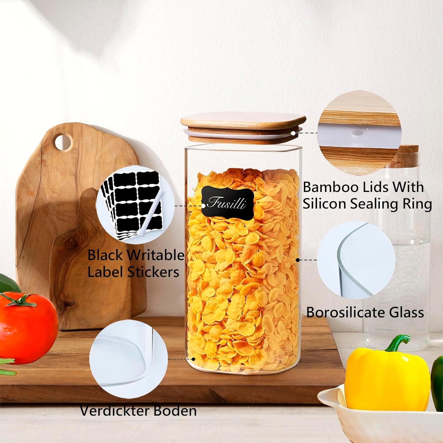 1.6 Qt Square Glass Storage Containers with Lids, Clear Food Storage Container Jar with Sealing Bamboo Lid for Noodles Flour Cereal Rice Sugar Tea Coffee Beans,Square Set of 3