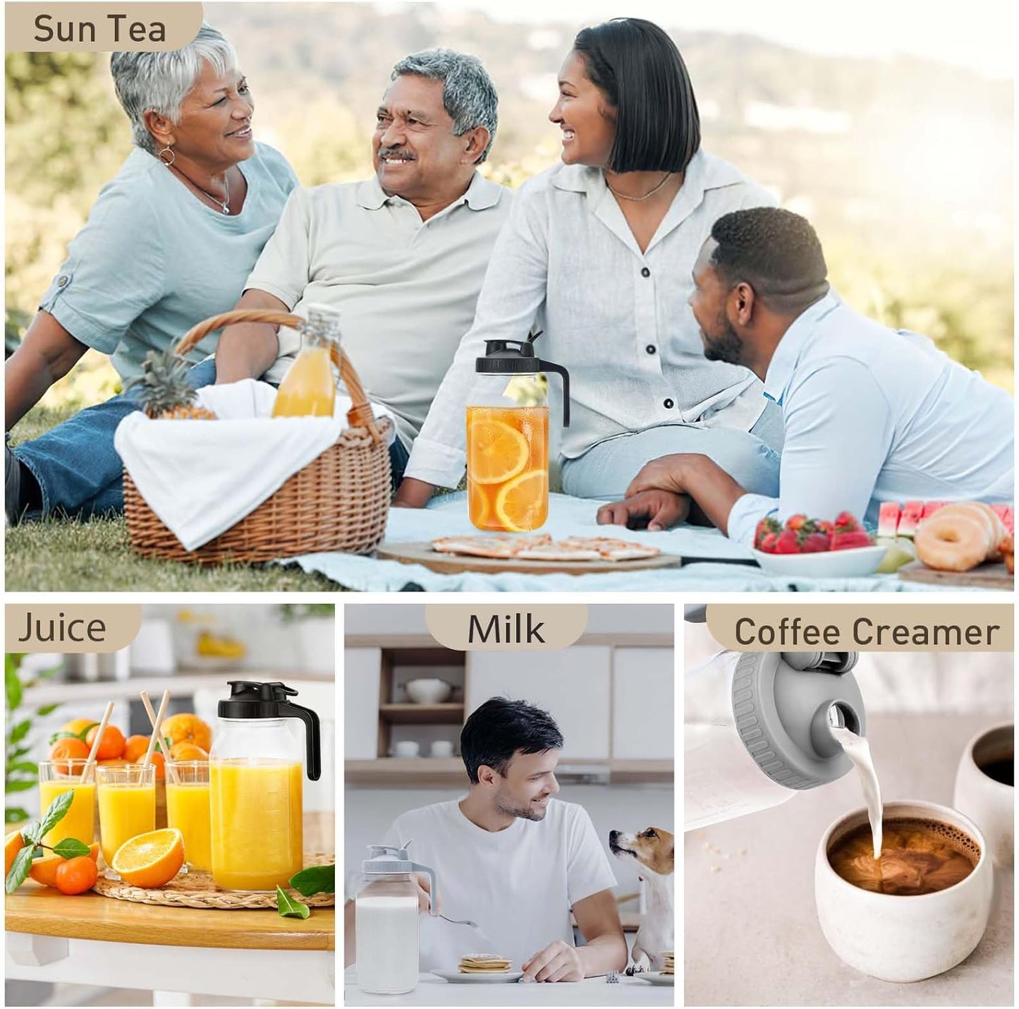 64oz Glass Pitcher with Lid - 2 Quart Mason Jar Pitcher with Spout, Leak-proof Milk Container for Refrigerator, Easy to Clean Wide Mouth Water Jug, Juice, Tea, Iced Coffee, Beverage and Drinks