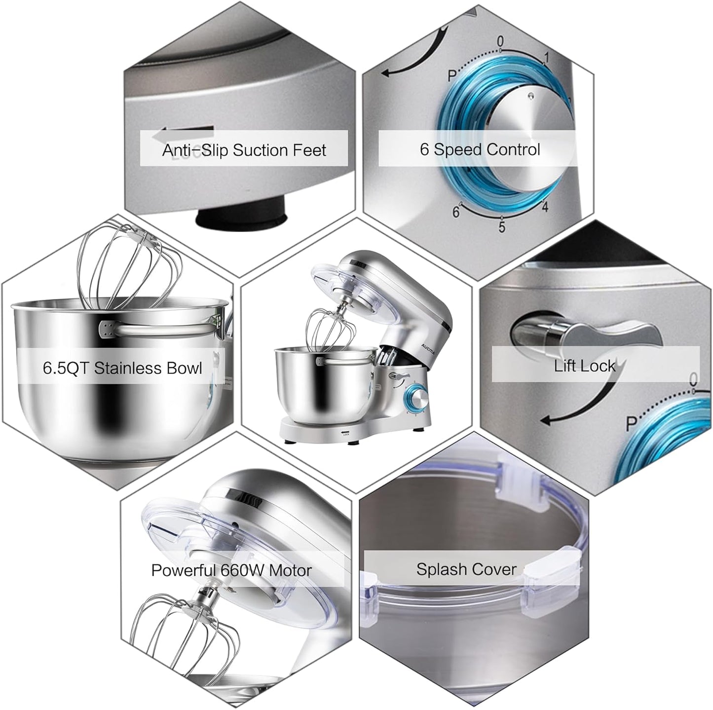 Aucma Stand Mixer,6.5-QT 660W 6-Speed Tilt-Head Food Mixer, Kitchen Electric Mixer with Dough Hook, Wire Whip & Beater (6.5QT, Silver)