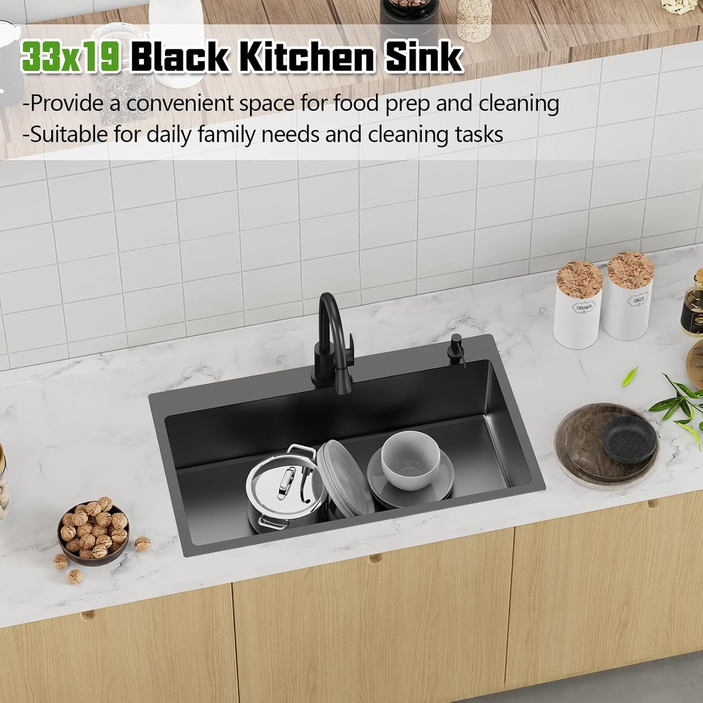 Black 33x19 In Drop In Kitchen Sink-Stainless Steel Topmount Modern Single Bowl Kitchen Sink Come With Silicon Mat,Drain Strainer Set Offer Large Basin And Compatibility With Various Kitchen&Bar Style