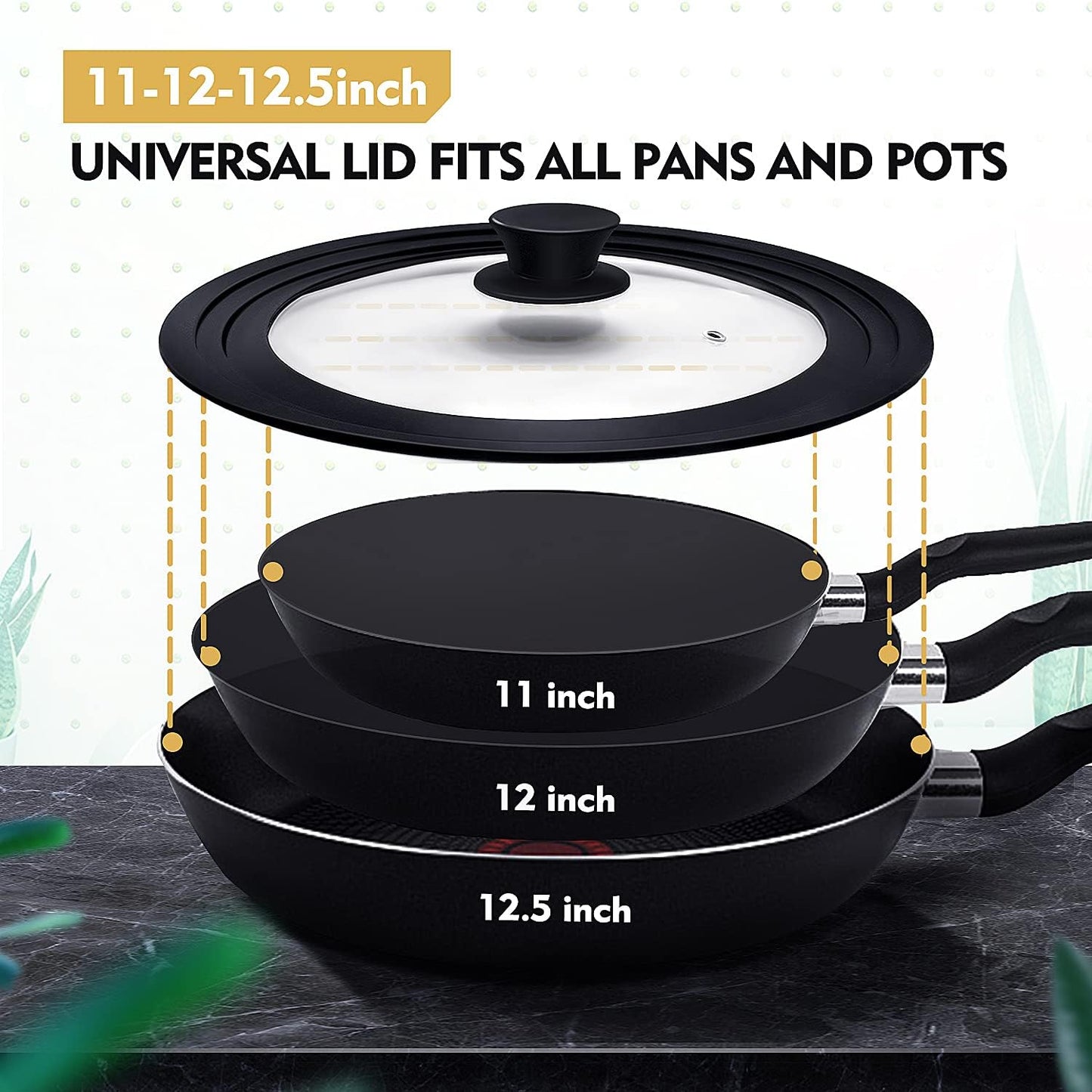 Universal Lid for Pots, Pans and Skillets, Pot Lid With Heat Resistant Silicone Rim and Tempered Glass, Fits 11", 12", 12.5" Diameter Pots and Pans