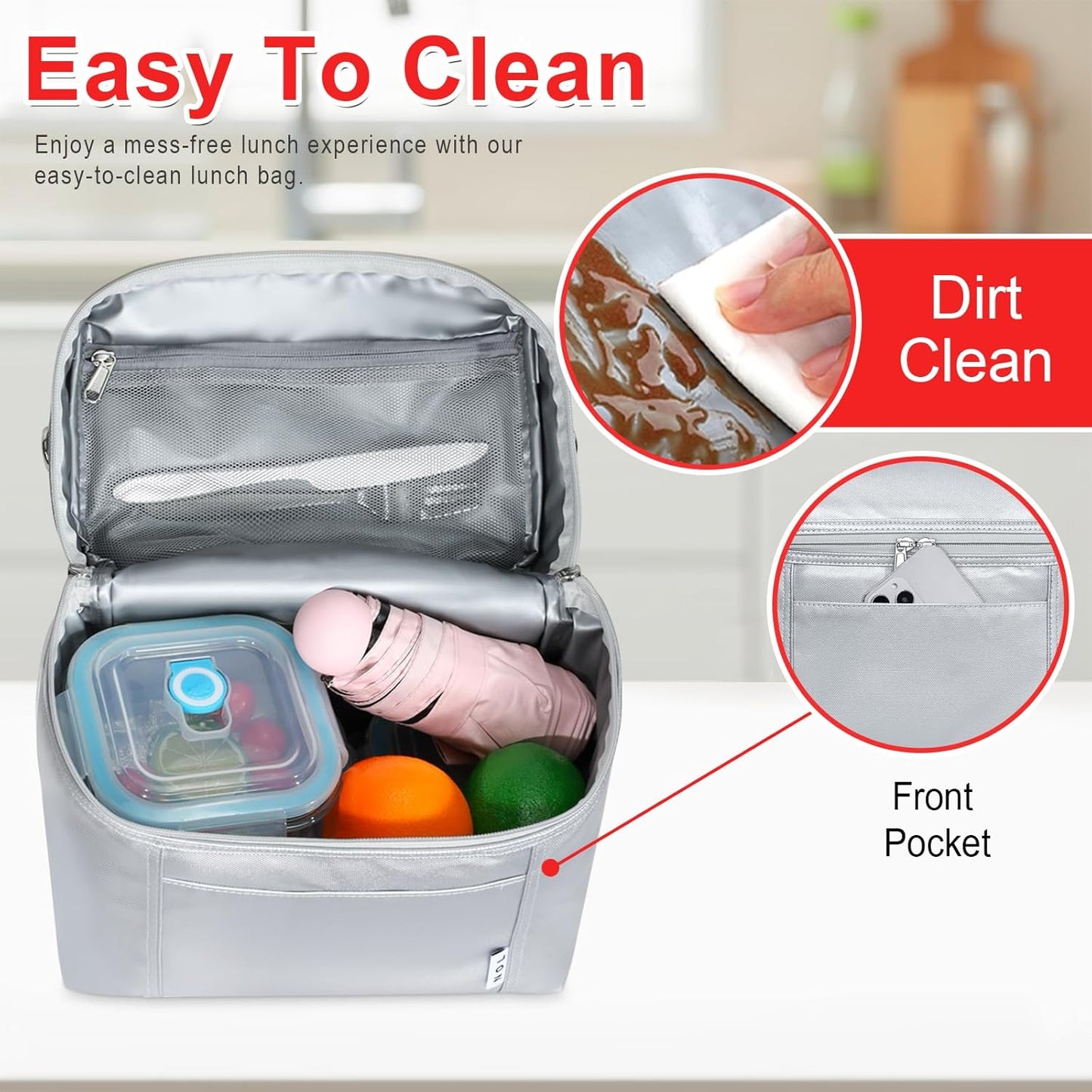 NOL Natural Organic Lifestyle Insulated Lunch Bags for Women Cooler Bag Lightweight Nylon Waterproof Lunch Box For Work (Silver, Medium(normal))