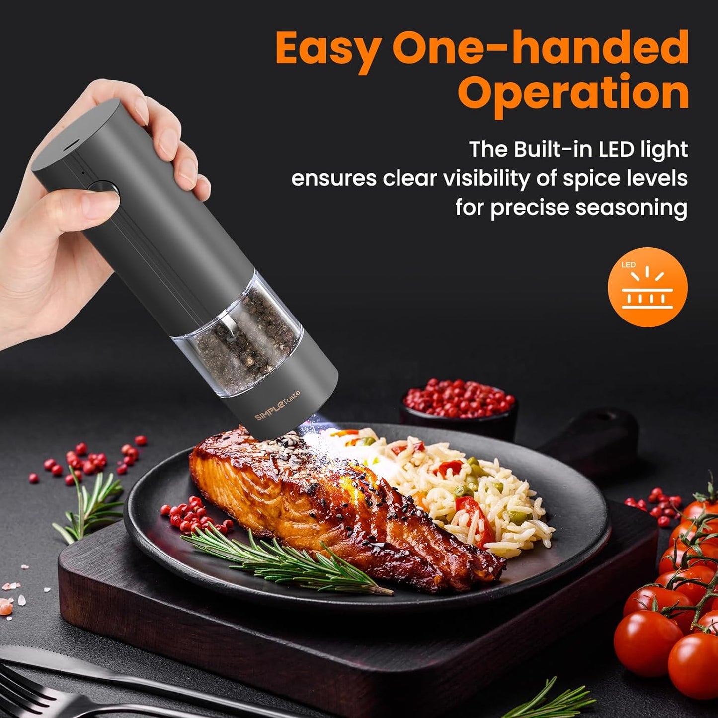 SIMPLETASTE Electric Salt and Pepper Grinder Set Rechargeable with LED Light and Dust Cover, Automatic Pepper Mill Shakers with Adjustable Coarseness, One Hand Operation for Kitchen, Dining, Gifting