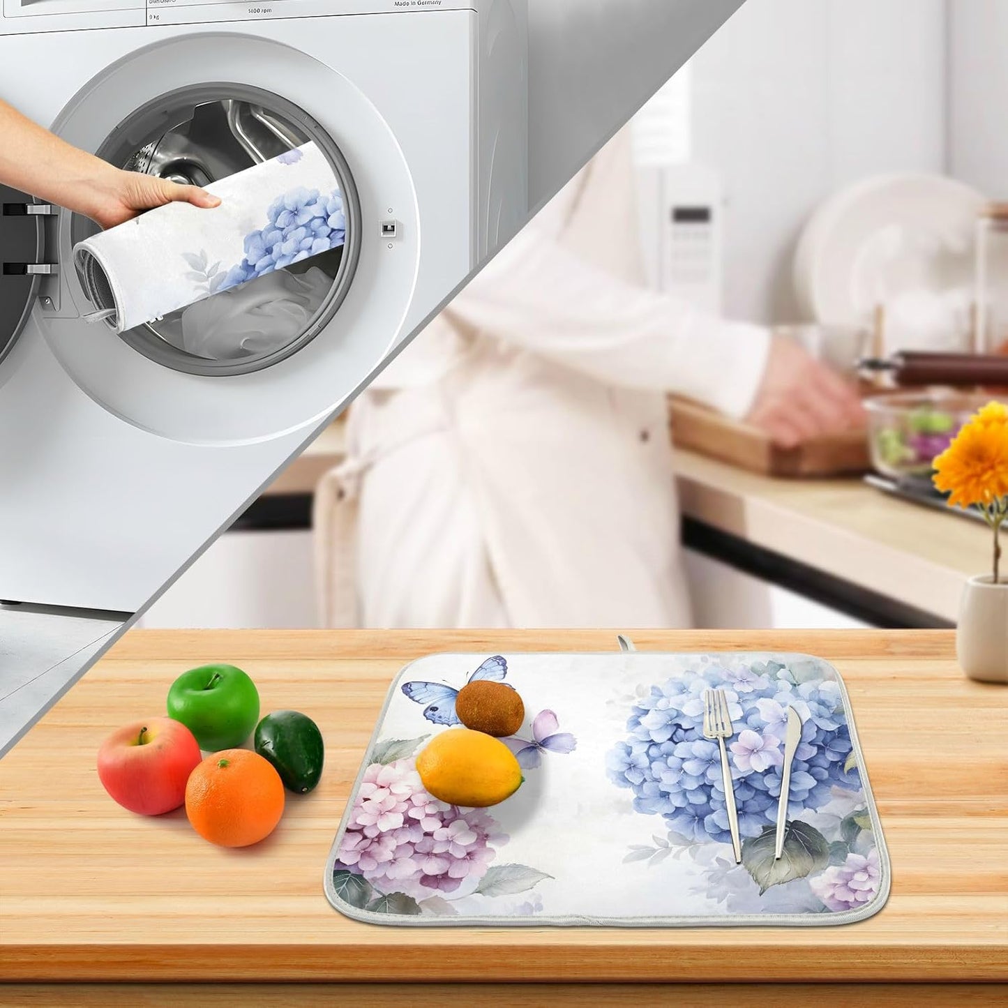 Blue Pink Hydrangea Spring Floral Dish Drying Mat for Kitchen Counter Absorbent Microfiber Small Drying Pad Dish mats for Kitchen Countertops 16 x 18 Inch