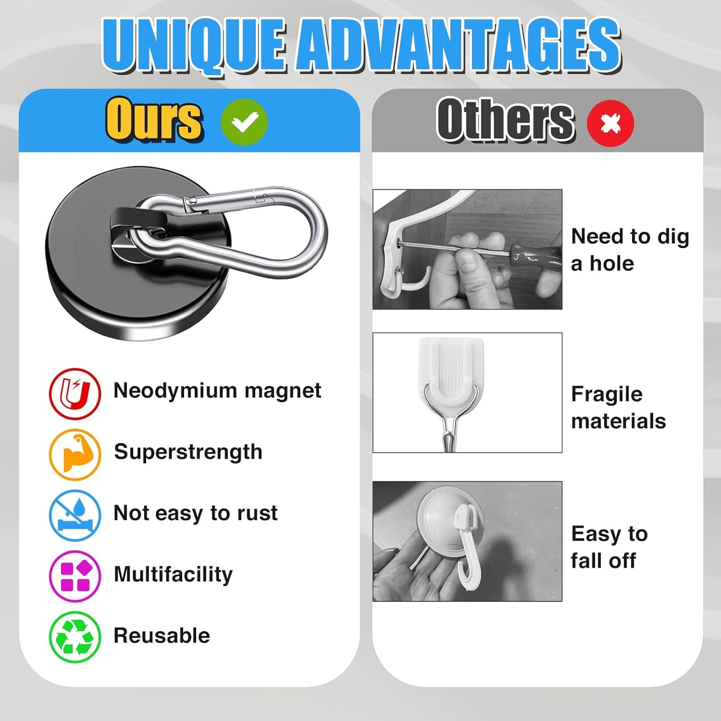 Magnetic Hooks Heavy Duty 150Lbs, 4 Pack Super Strong Magnetic Hooks with Swivel Carabiner for Cruise, Black Neodymium Magnet Hooks Magnetic Wall Hanger for Hanging, Toolbox, Grill, Cabins