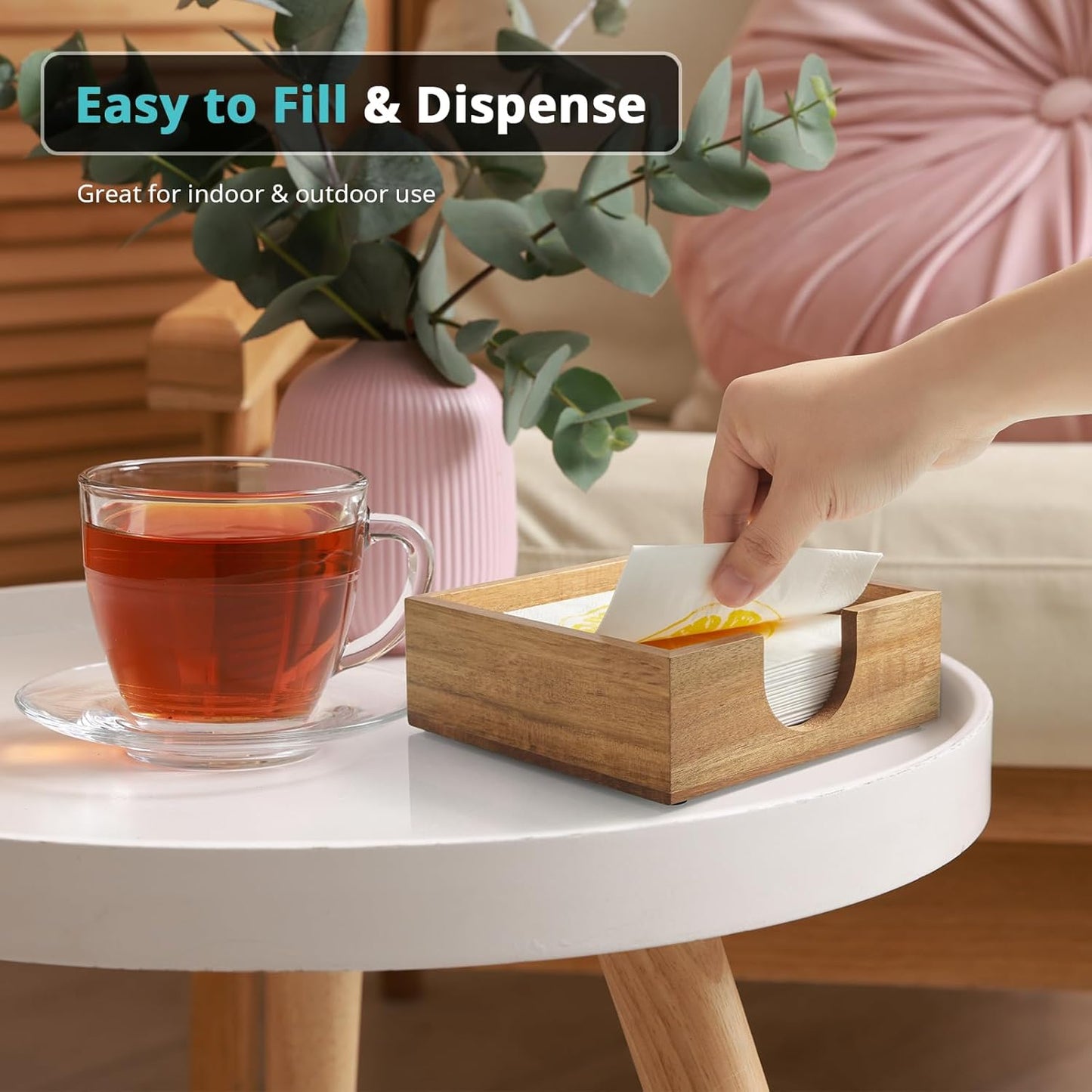 Acacia Wood Cocktail Napkin Holder, Beverage Napkin Holder for 5 x 5 inch Napkin, Square Paper Napkin Caddy for Bar, Party, Table, Dinner, Kitchen, Bathroom