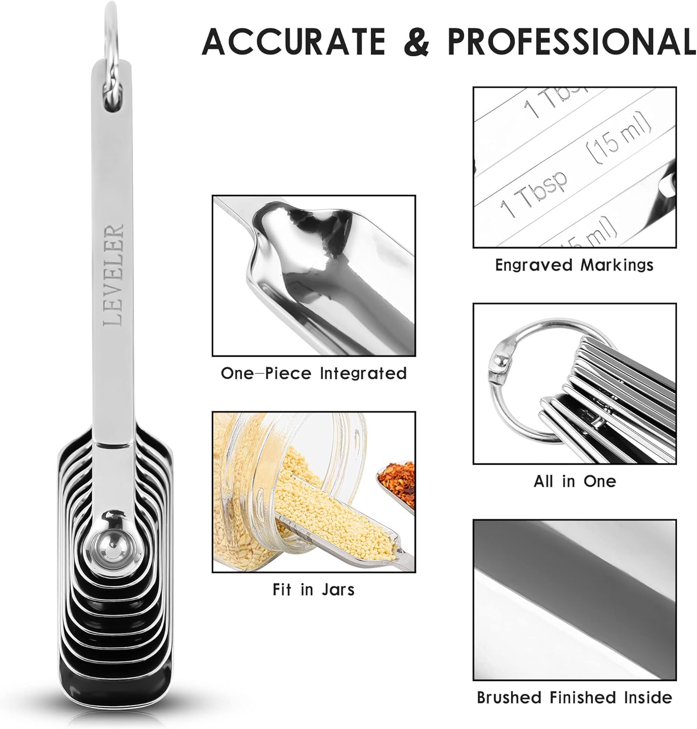 Measuring Spoons Set, 10-Piece 18/8 Stainless Steel Measuring Spoons Set with Leveler, Metric&US Metal Measuring Spoon -1/16, 1/8, 1/4, 1/3, 1/2, 3/4 Tsp, 2/3 Tbsp Long Spoons for Spice Jar