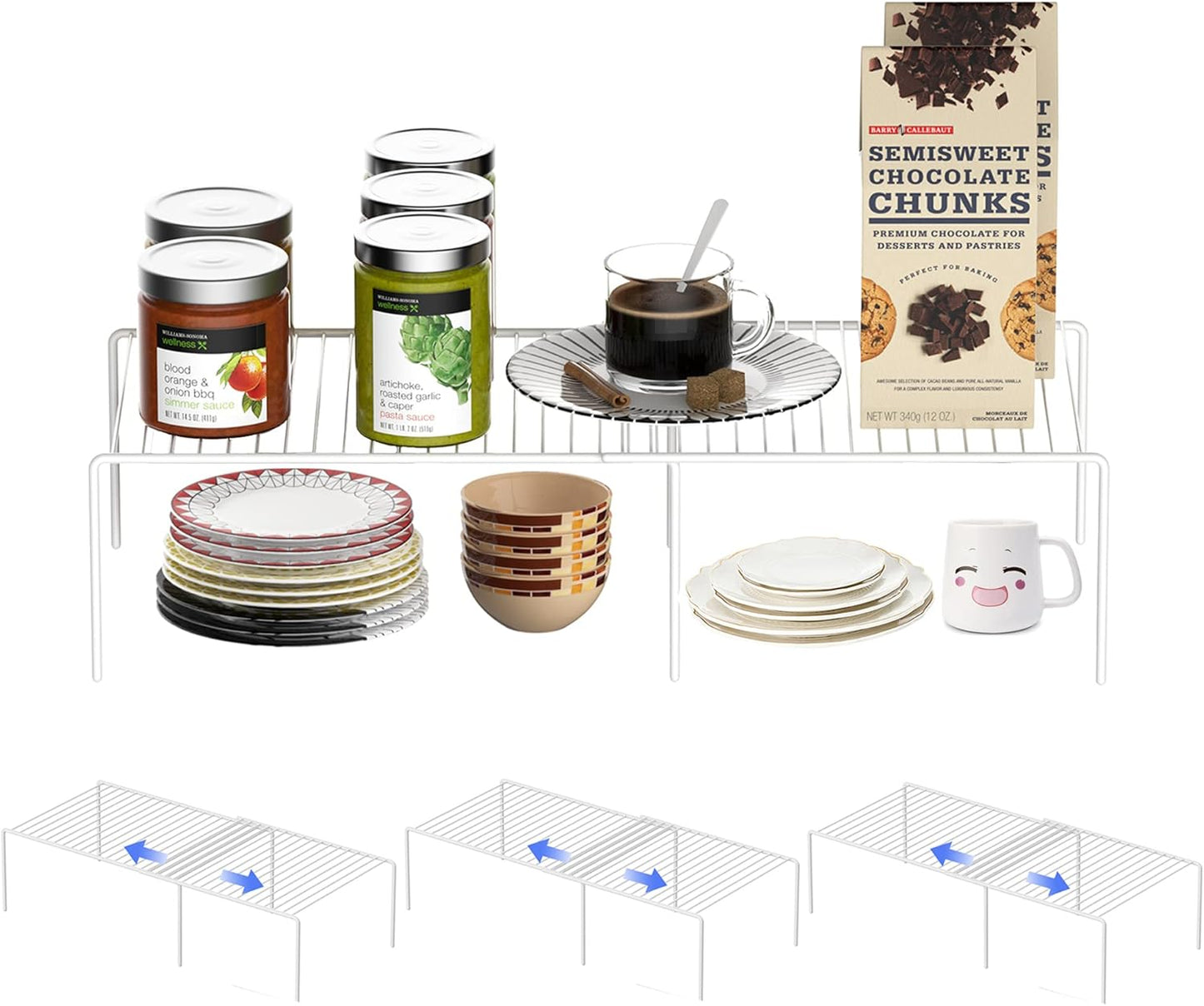 Redrubbit Cabinet Storage Shelf Rack, Expandable Metal Rustproof Kitchen Counter and Cabinet Shelf, Storage Rack Organizer Space Saver for Kitchen, Fridge, Cabinet, Bathroom, White, Set of 4