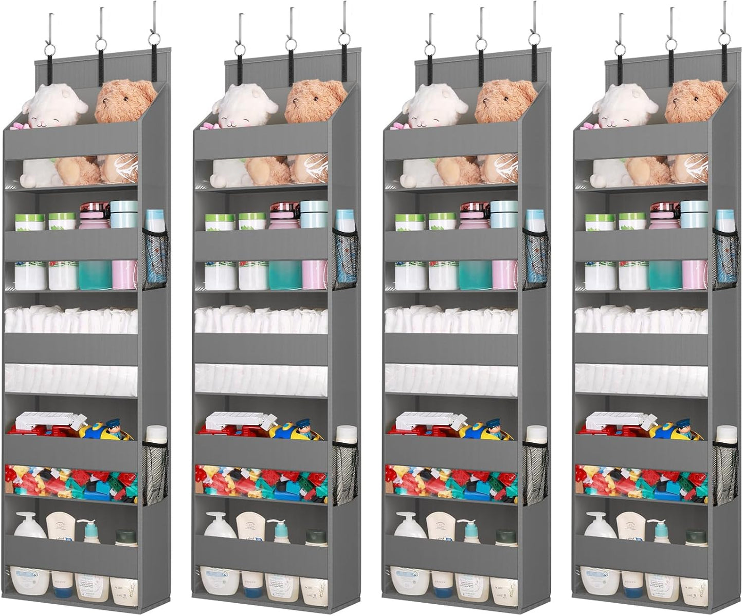 Lifewit 4 Packs Over the Door Organizer, 5 Shelf Clear Window Hanging Storage with 4 Mesh Side Pockets, Anti Tilt 40 lbs Load Behind Door for Pantry, Nursery, Bathroom, Bedroom, Kitchen, Dorm, Grey