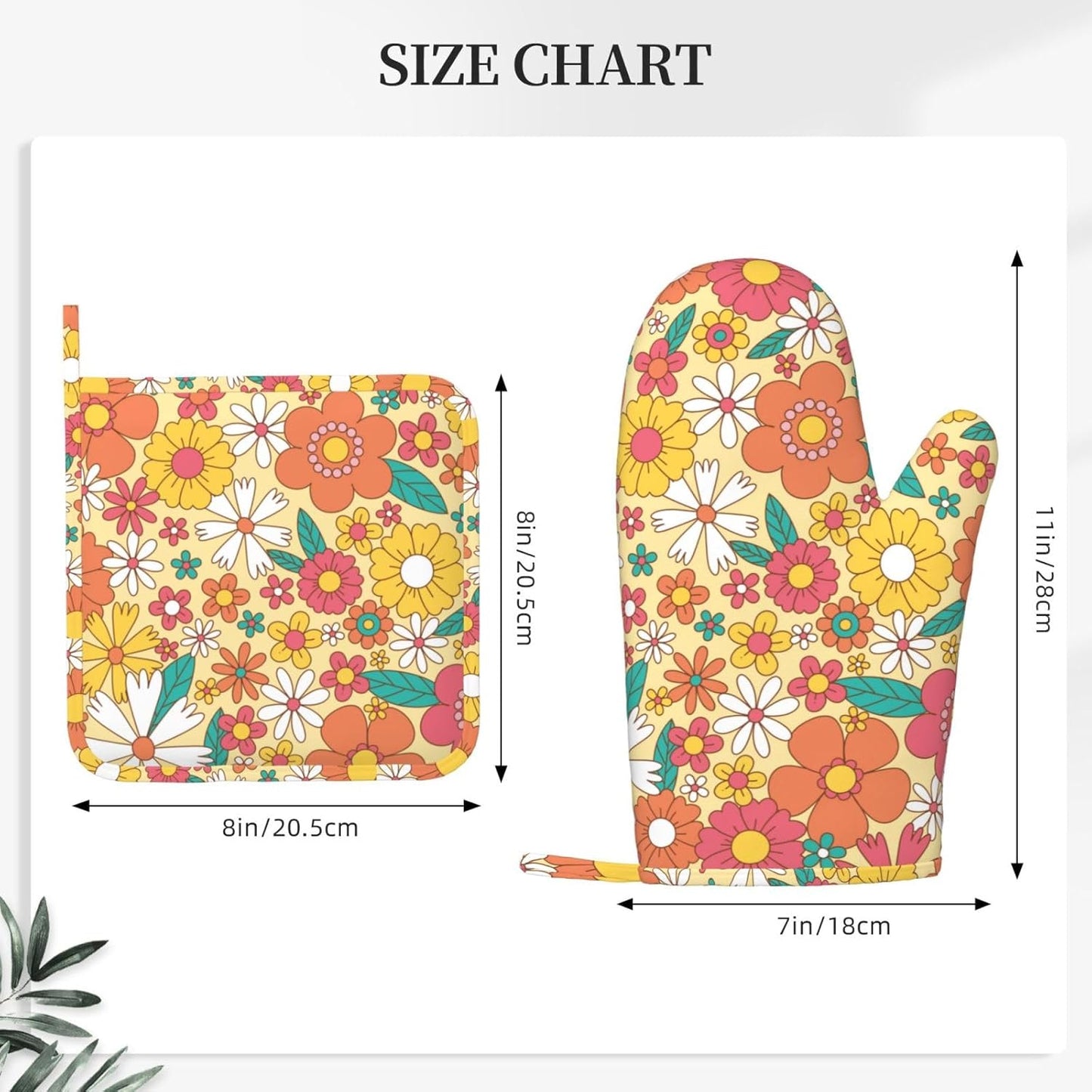 Hippie Groovy Flower Oven Mitts Pot Holders Set Silicone Heat Resistant Flowers Florals Pattern Oven Mitts and Hot Pads Potholders Non-Slip Oven Gloves for Cooking Baking Grilling BBQ