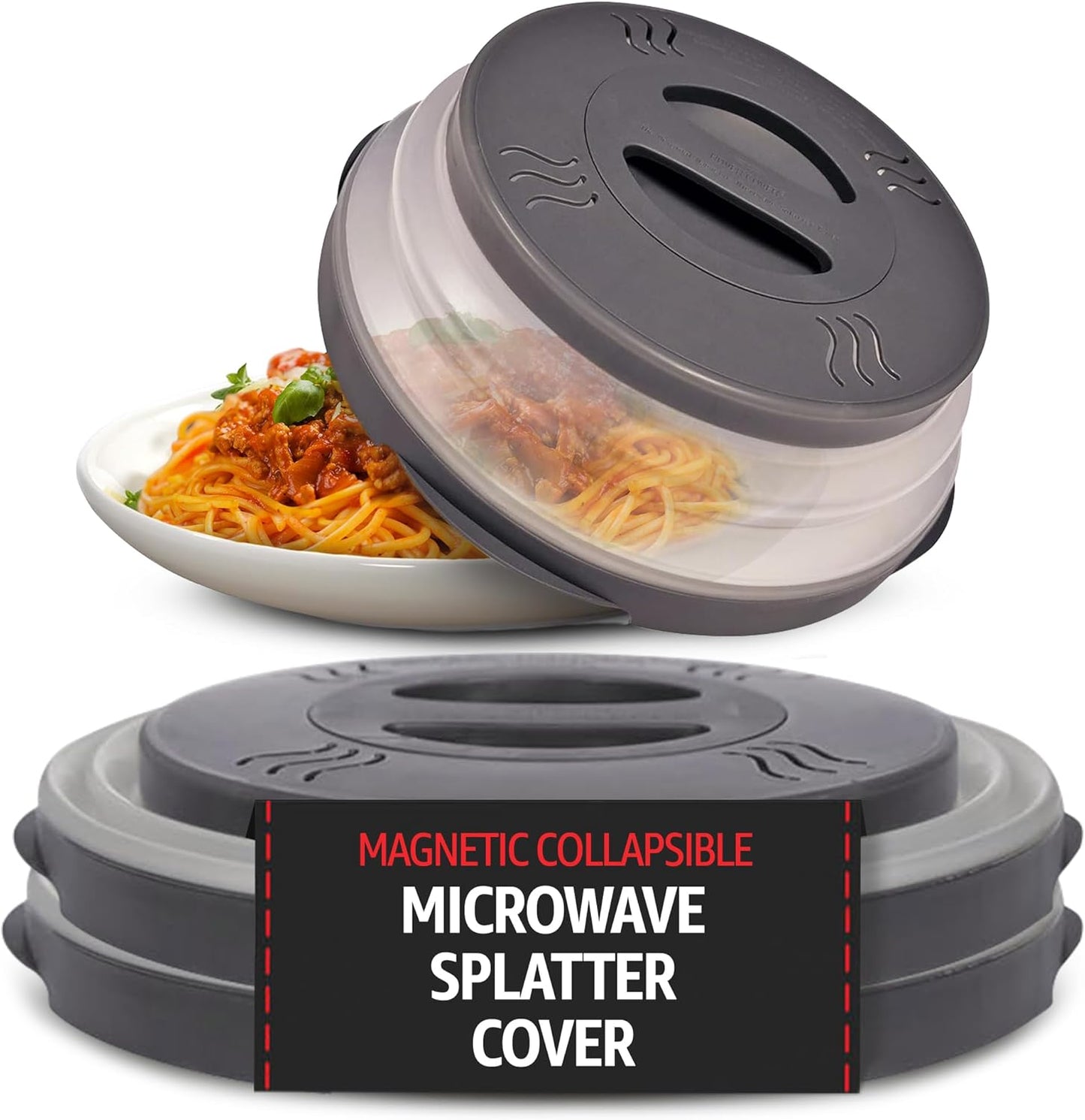 2.0 Magnetic Microwave Splatter Cover, Collapsible 12-Inch BPA-Free Food Lid with Upgraded Magnets, Vented Plate Guard, Dishwasher Safe, Space-Saving Magnetic Storage - Gray 2-Pack