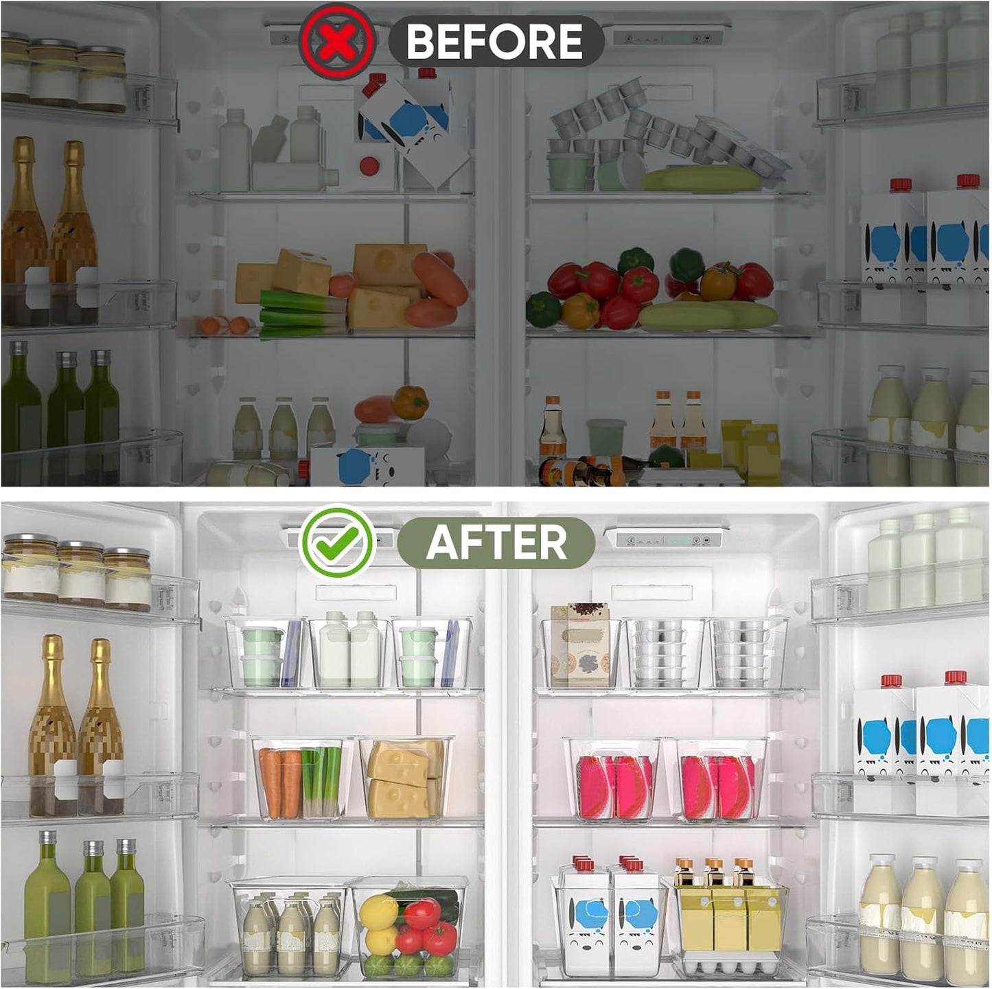 BALEINE Clear Stackable Storage Bins with Lids, Plastic Containers with Handle for Pantry Organizers and Storage, Plastic Bins for Fridge, Kitchen, Bathroom, Cabinet (13x7.4x7, 4PK)