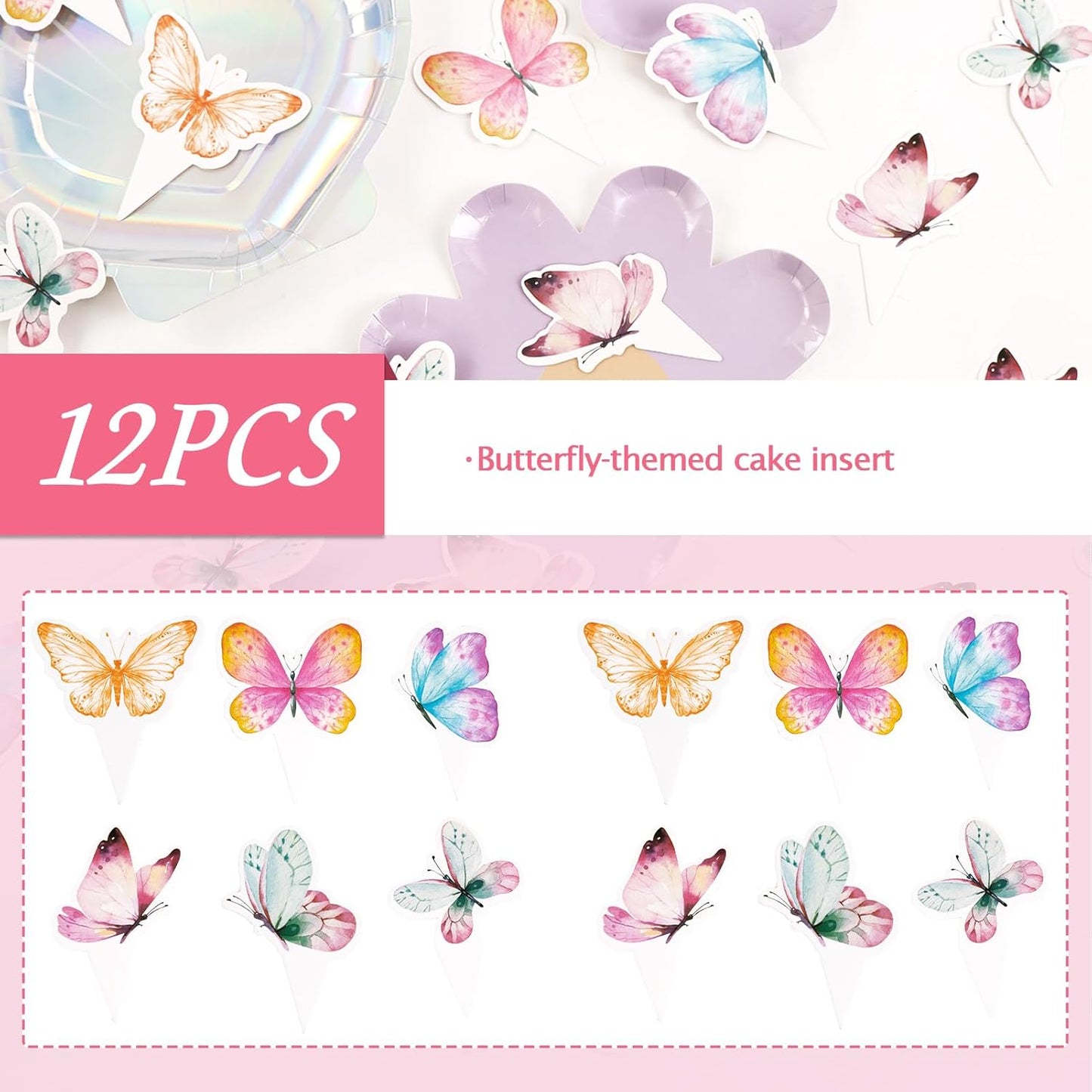 12PCS Butterfly Cupcake Toppers Birthday Decorations Premium Colorful Cake Decoration for Girls Birthday Party Theme Baby Shower Supplies