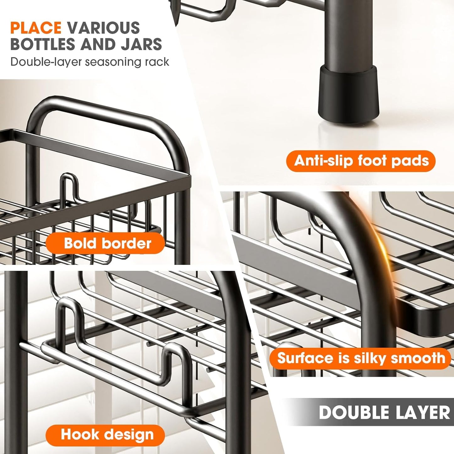 Spice Rack for Countertop, 2-Tier Standing Sturdy Metal Seasoning Organizer Holder, Space Saving Spice Shlef for Kitchen, Cabinet, Pantry Storage, Easy Assembly, Black