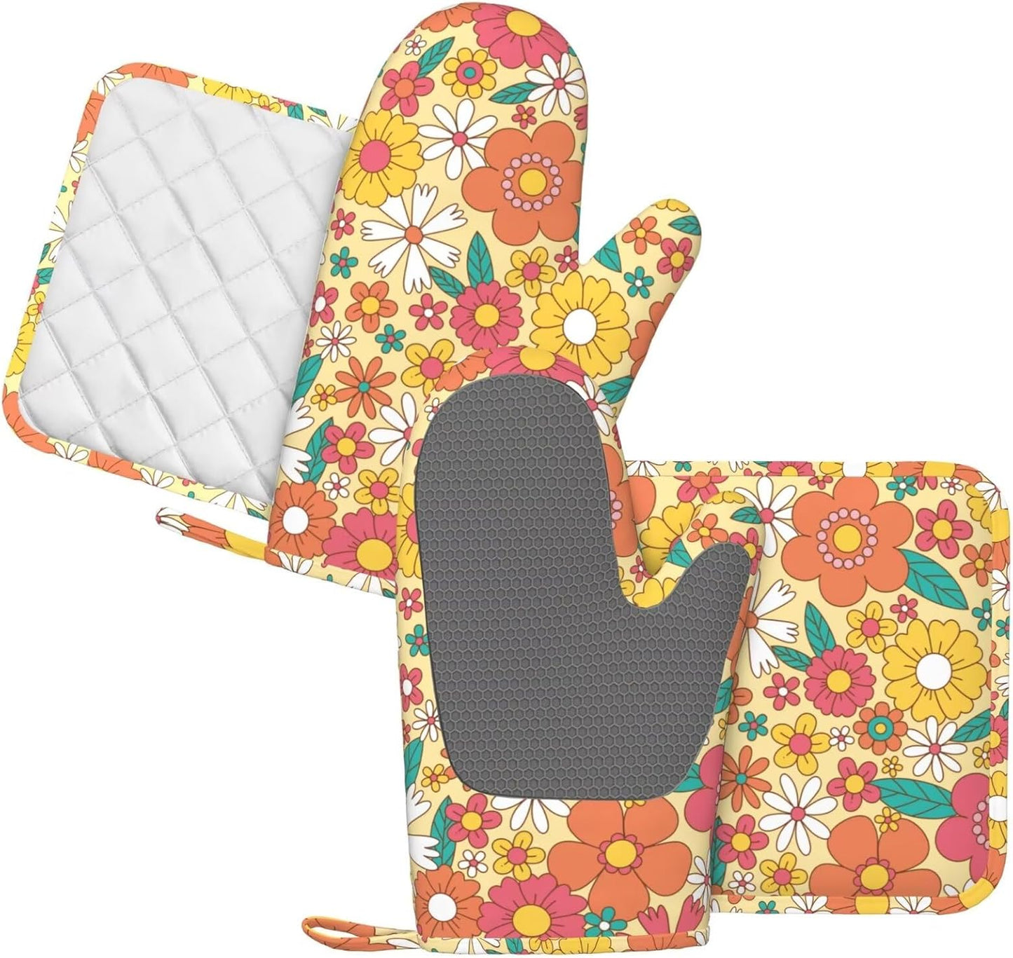 Hippie Groovy Flower Oven Mitts Pot Holders Set Silicone Heat Resistant Flowers Florals Pattern Oven Mitts and Hot Pads Potholders Non-Slip Oven Gloves for Cooking Baking Grilling BBQ