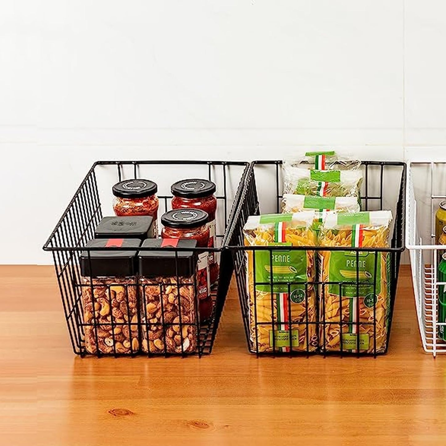 Redrubbit Wire Storage Baskets, Large Farmhouse Metal Freezer Basket Storage Organizer Bins with Handles for Kitchen Cabinets, Pantry, Closets, Bedrooms, Bathrooms, Set of 6, Black