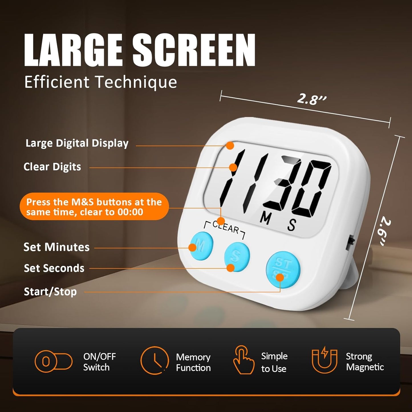 6 Pack Digital Kitchen Timers for Cooking Magnetic Timer for Cooking Loud Alarm White