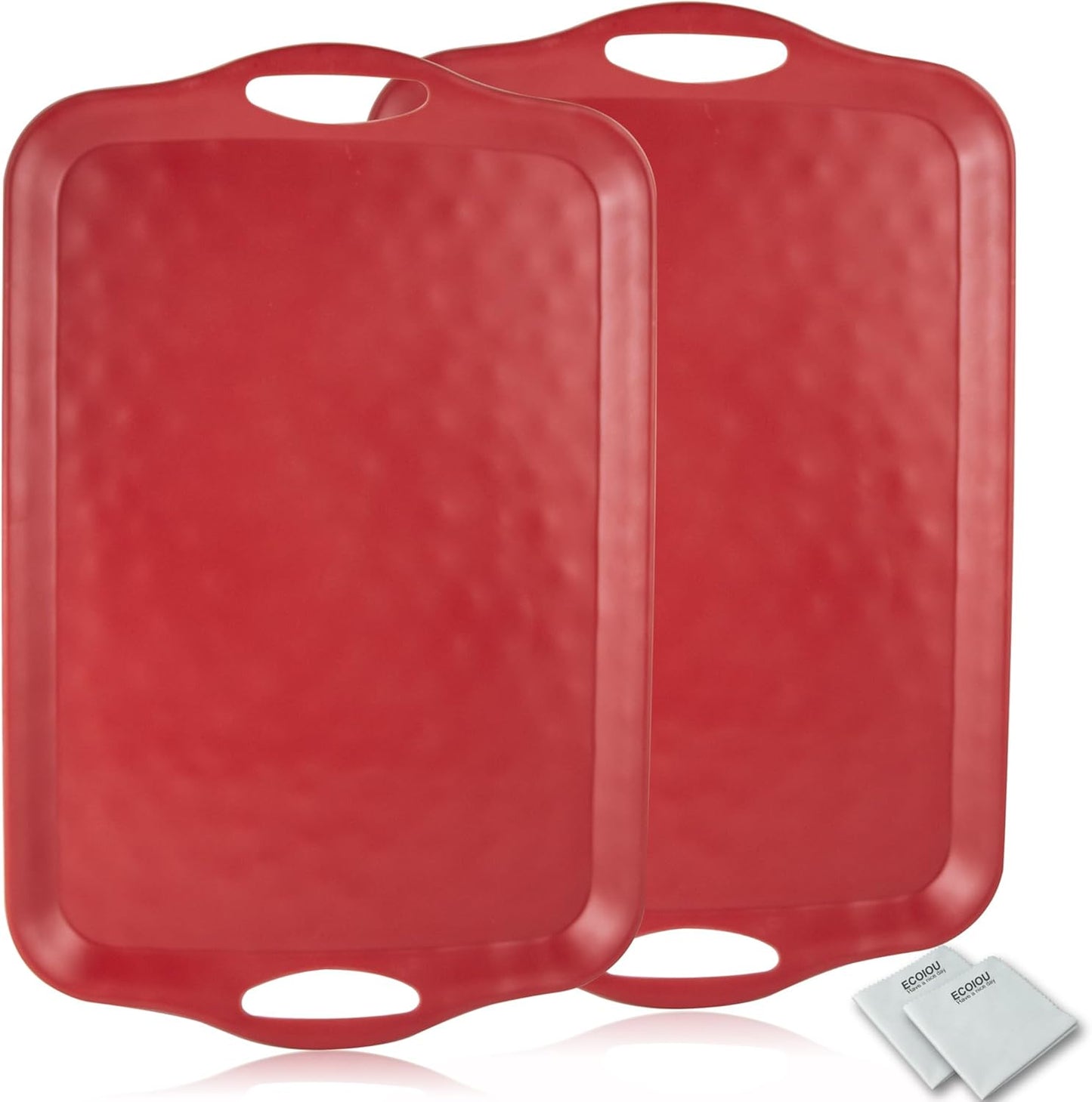 Extra Large Serving Tray with Handles, 20x13 inch, Set of 2 Melamine Platters for Serving Food, Turkey, Cookie, Rectangular Trays for Eating, Raised Dots Matt Finished, Dishwasher Safe, Red